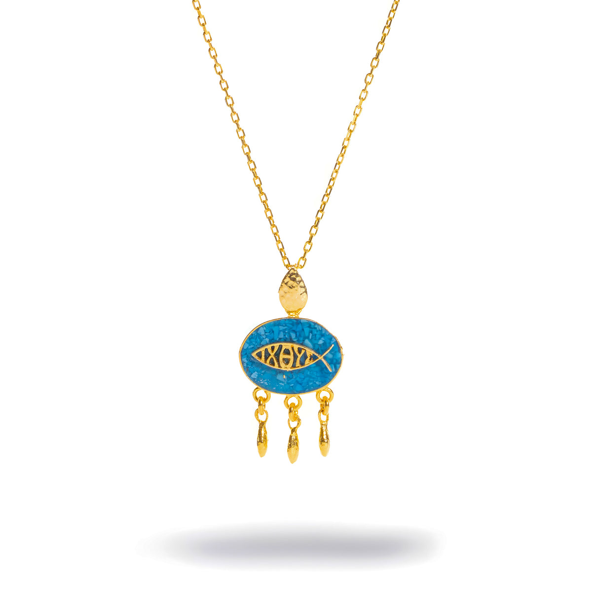 Lucky Fish Turquoise Mosaic Gold Pendant Necklace, front view of the gold fish on a turquoise mosaic oval with three gold drops
