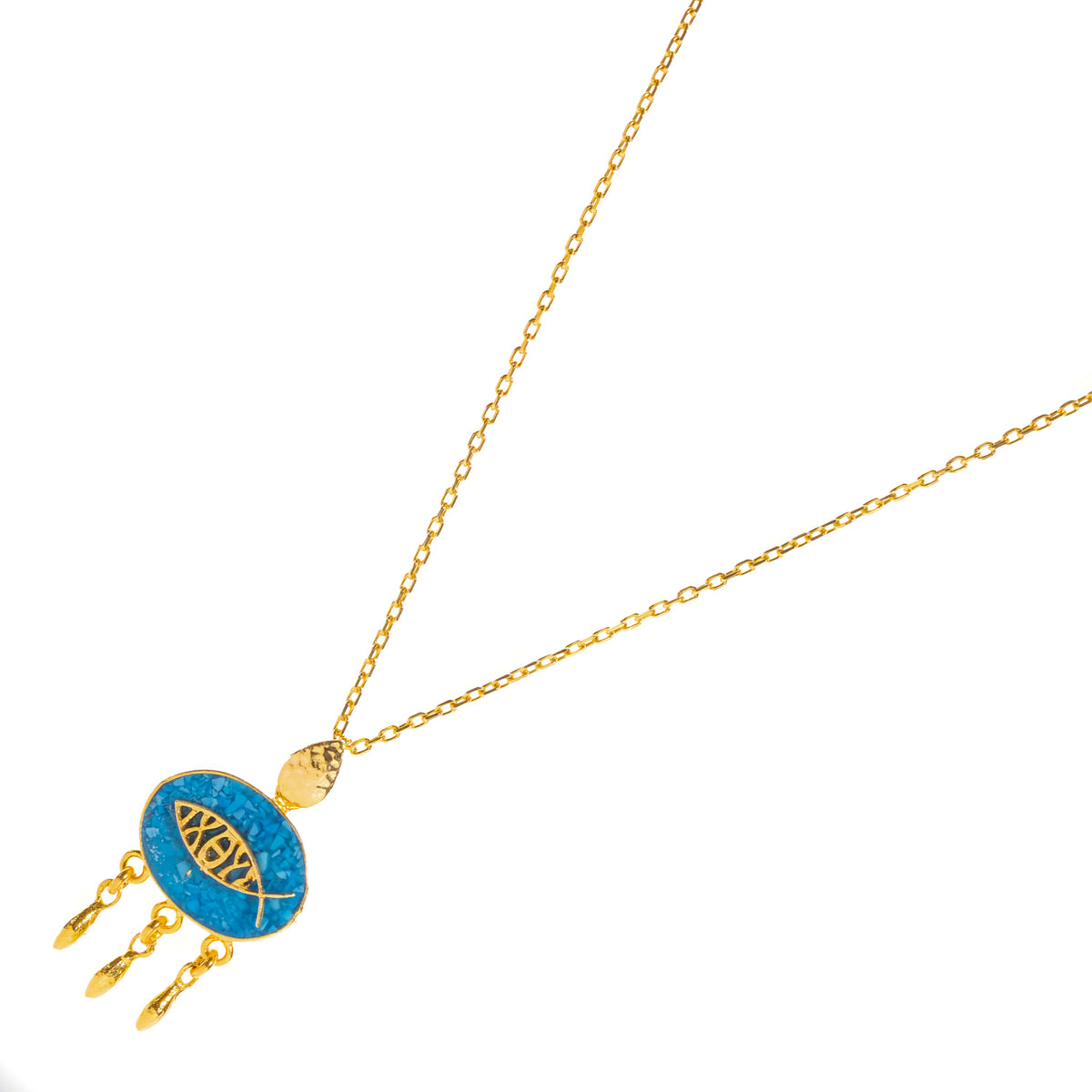 Lucky fish gold pendant at an angle, showing the turquoise mosaic, hammered gold drop and three dangling charms