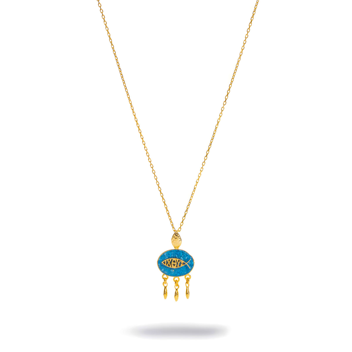 Lucky Fish Turquoise Mosaic Gold Pendant Necklace shown full length on its fine gold chain