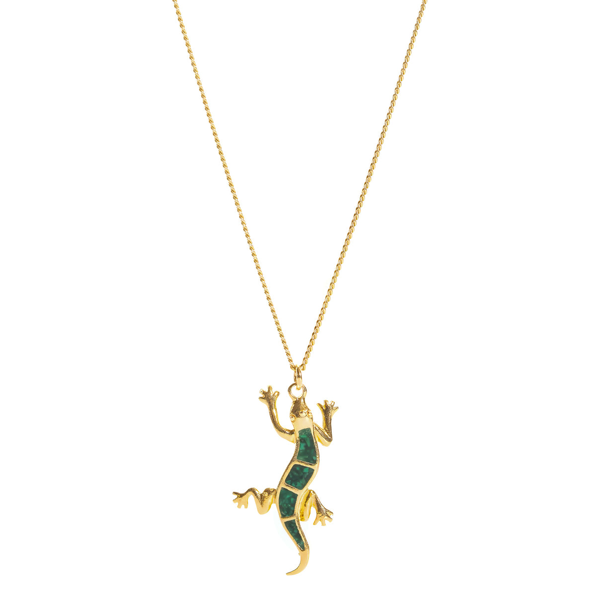 Lucky Gecko malachite pendant front view, splayed gold feet and curved tail