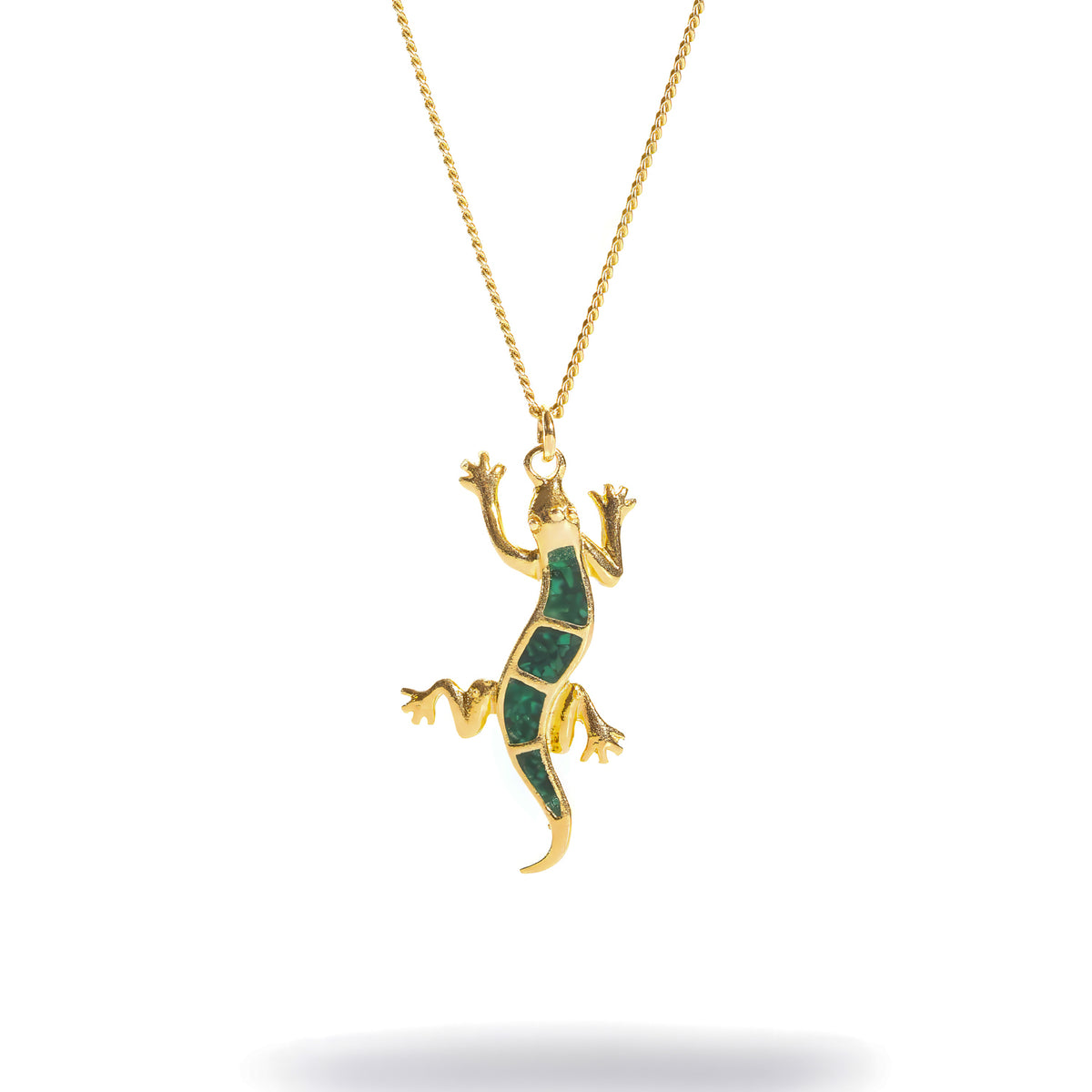 Lucky Gecko Malachite Inlay Gold Pendant Necklace, gold gecko with four green malachite panels on a fine curb chain