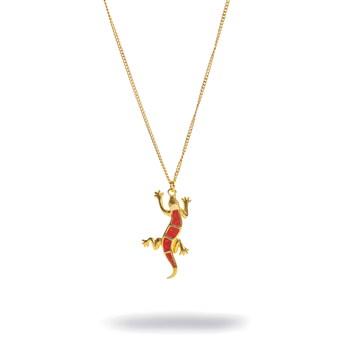 Lucky Gecko Red Enamel Gold Pendant Necklace, gold gecko with red enamel panels hanging from a fine curb chain
