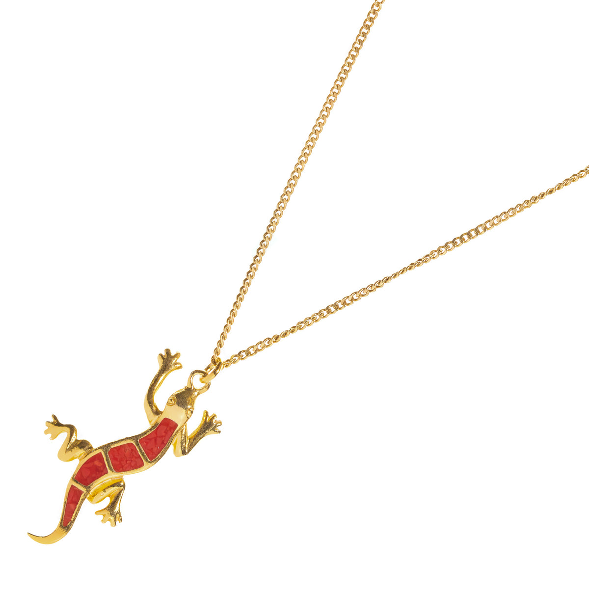 Red enamel gold gecko pendant necklace laid at an angle, showing the sculpted toes and curling tail