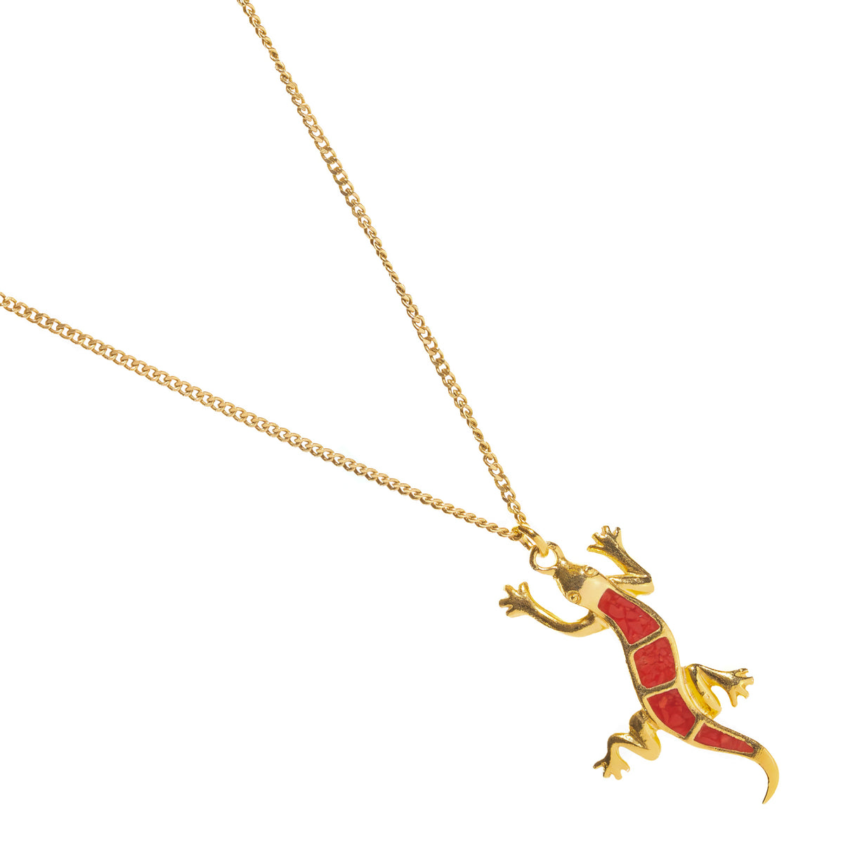 Gold gecko pendant with a red enamel body on a fine curb chain, angled view