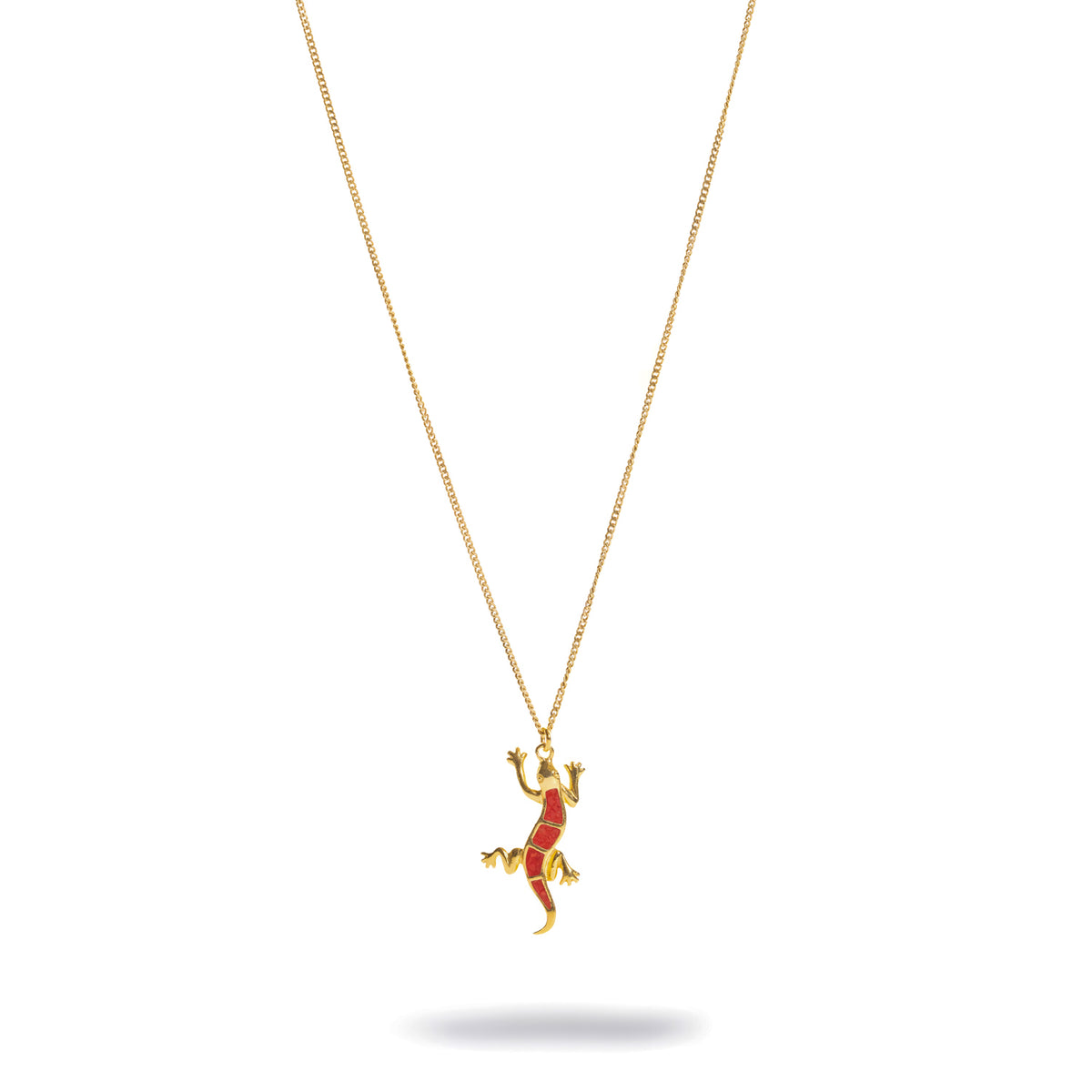 Lucky Gecko Red Enamel Gold Pendant Necklace shown at full chain length on white