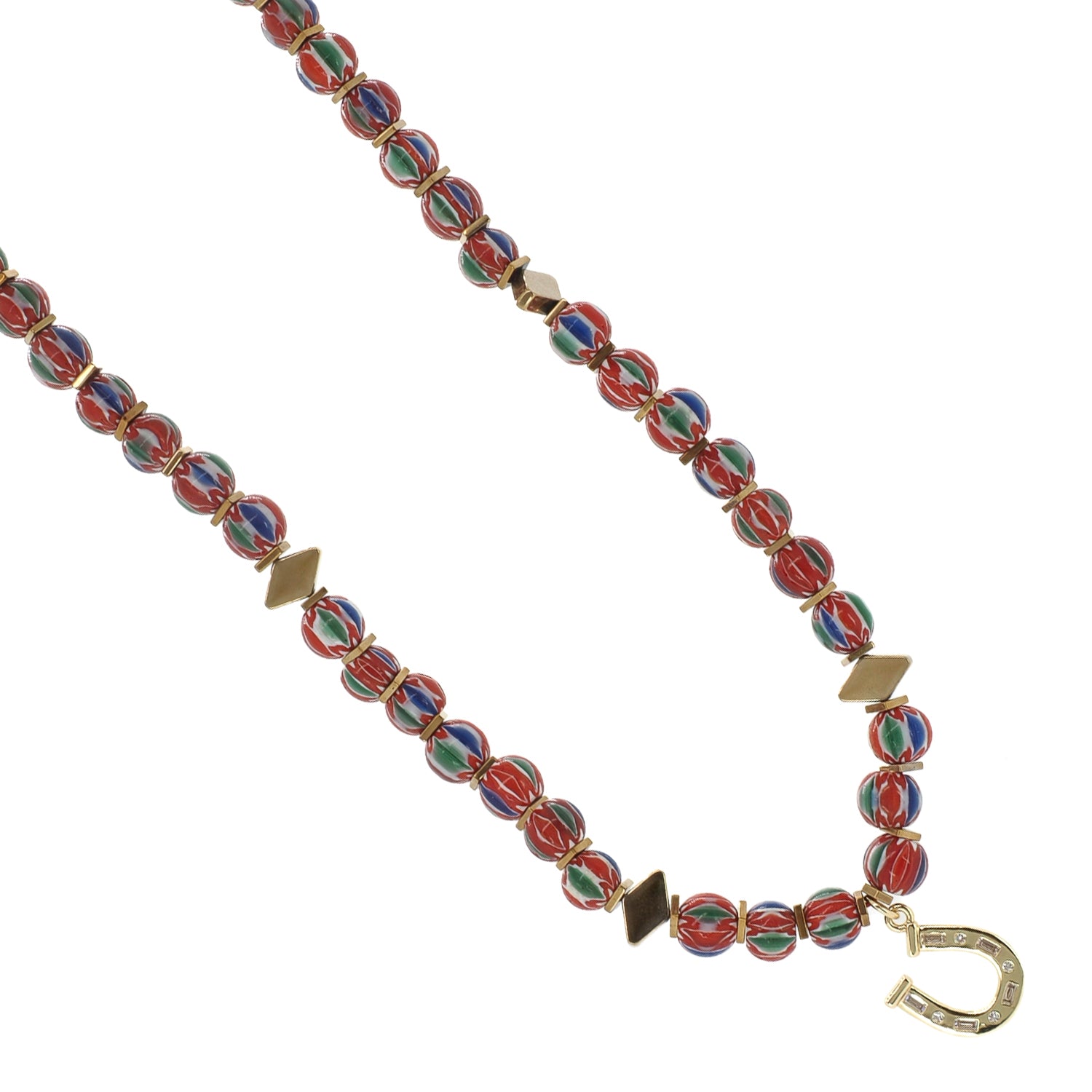 Bohemian choker with authentic African trade beads and gold horseshoe pendant