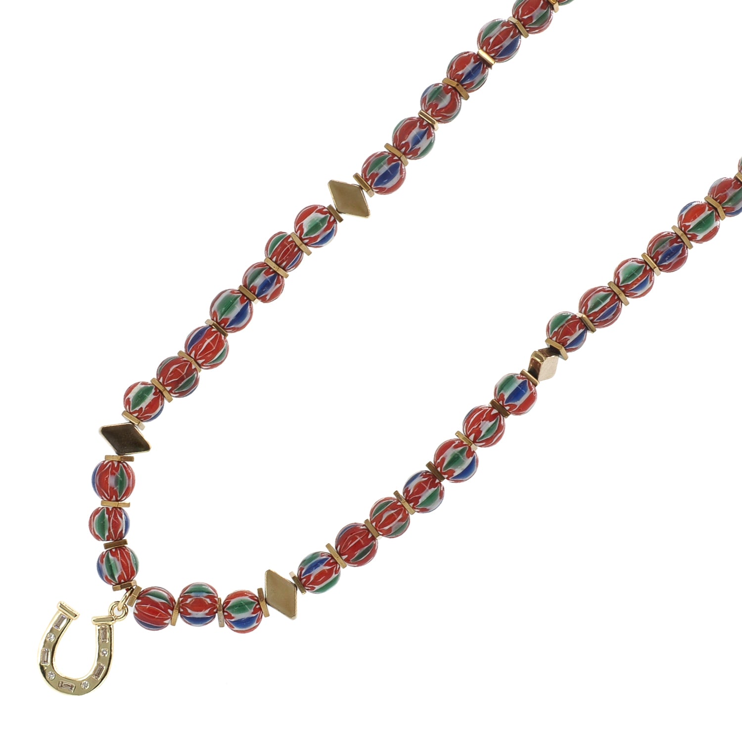 Close view of crystal horseshoe pendant on a colorful African bead summer choker
