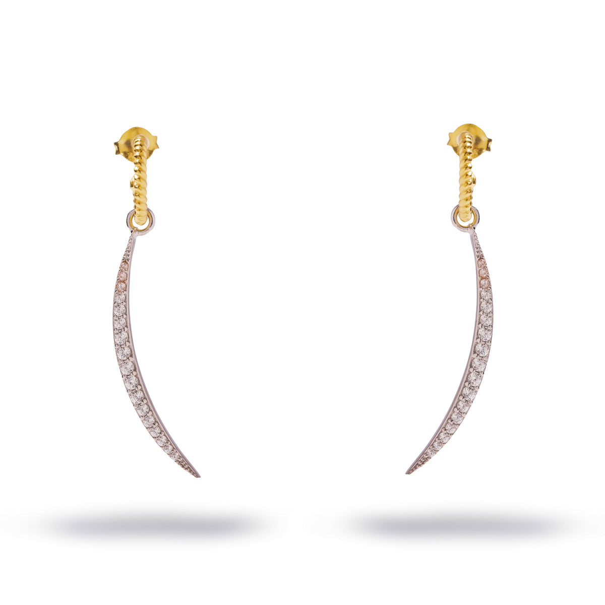 Luminous Arc Mixed Metal Pave Zircon Drop Earrings, twisted gold huggie hoops with slender pave zircon silver arcs