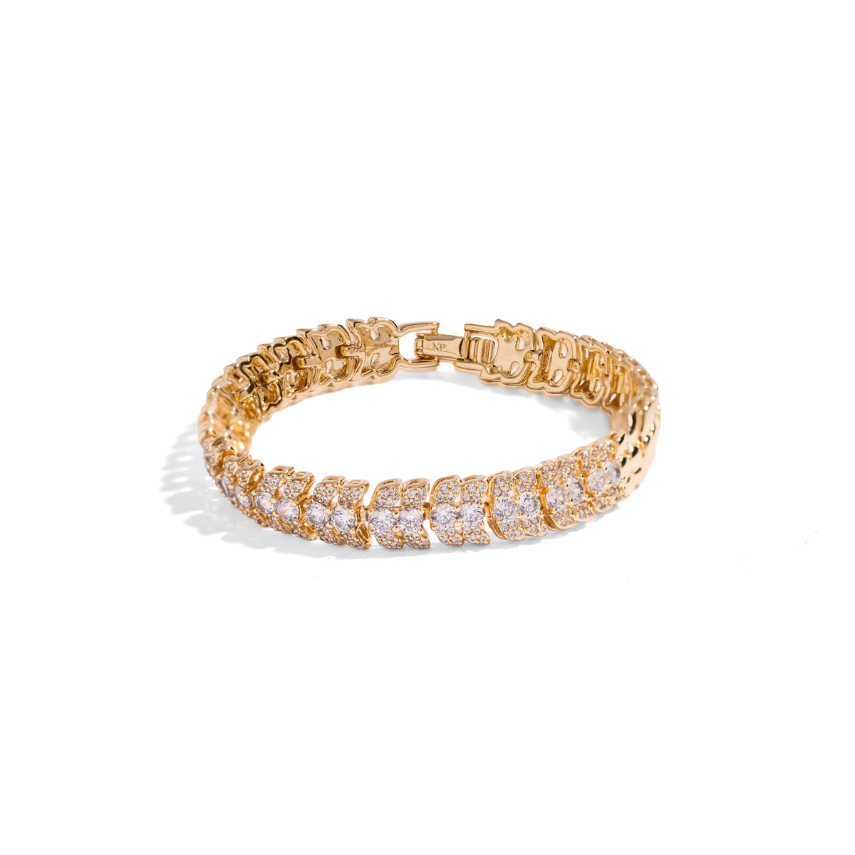 Luminous Halo Pave Zircon Gold Tennis Bracelet, arched gold links of round white zircons framed by pave halos