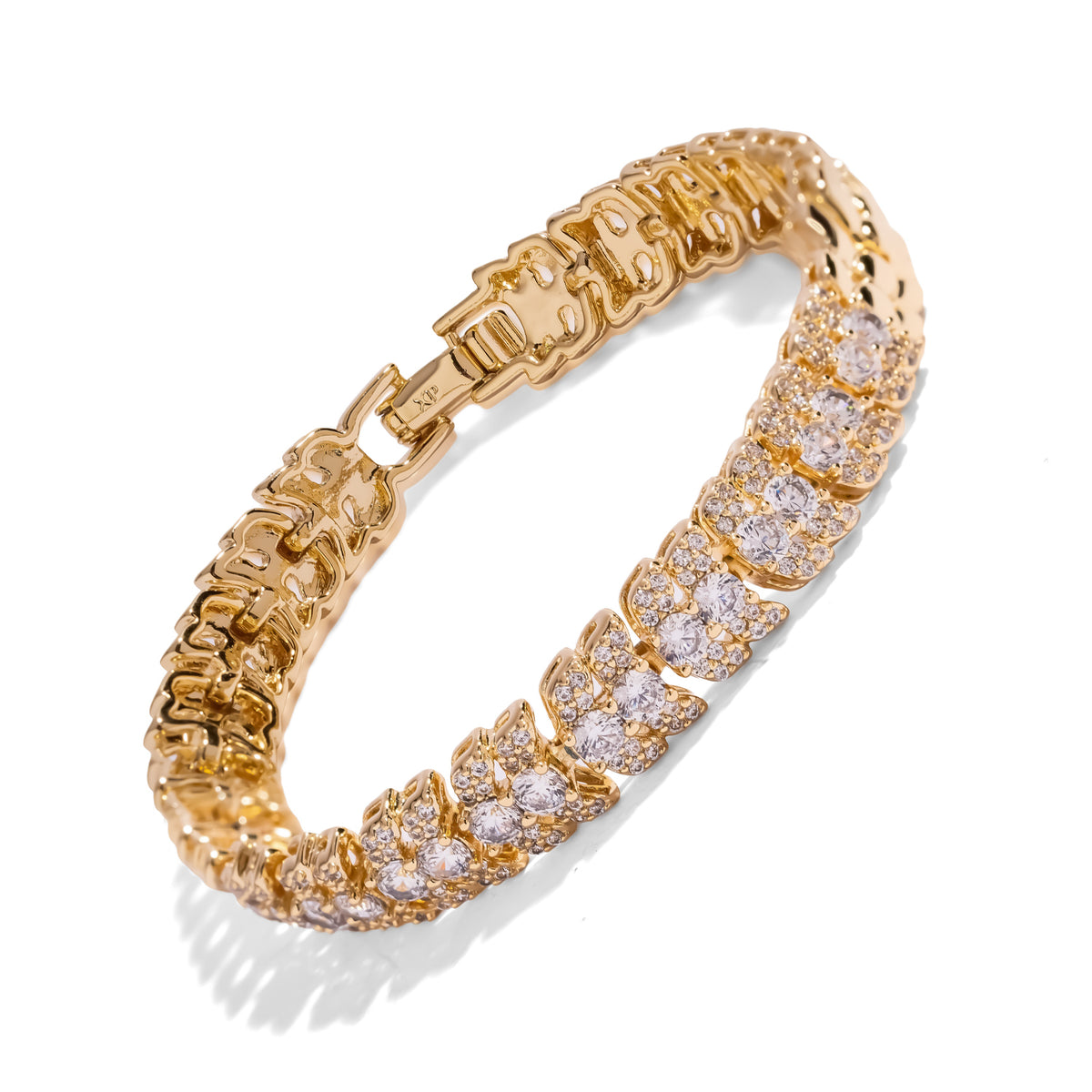 Luminous Halo Pave Zircon Gold Tennis Bracelet laid diagonally on white