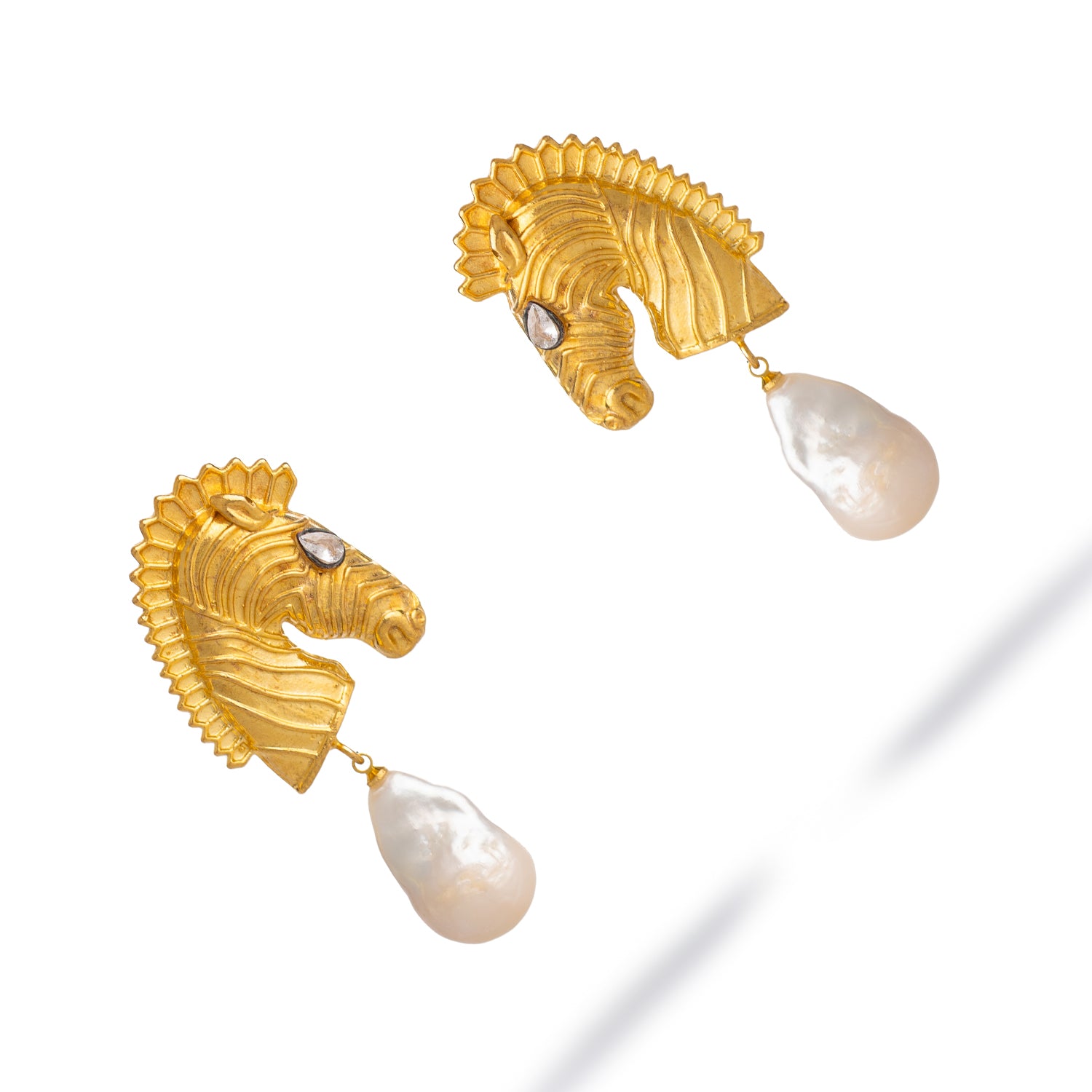 Majestic Horse &amp; Baroque Pearl Gold Statement Earrings