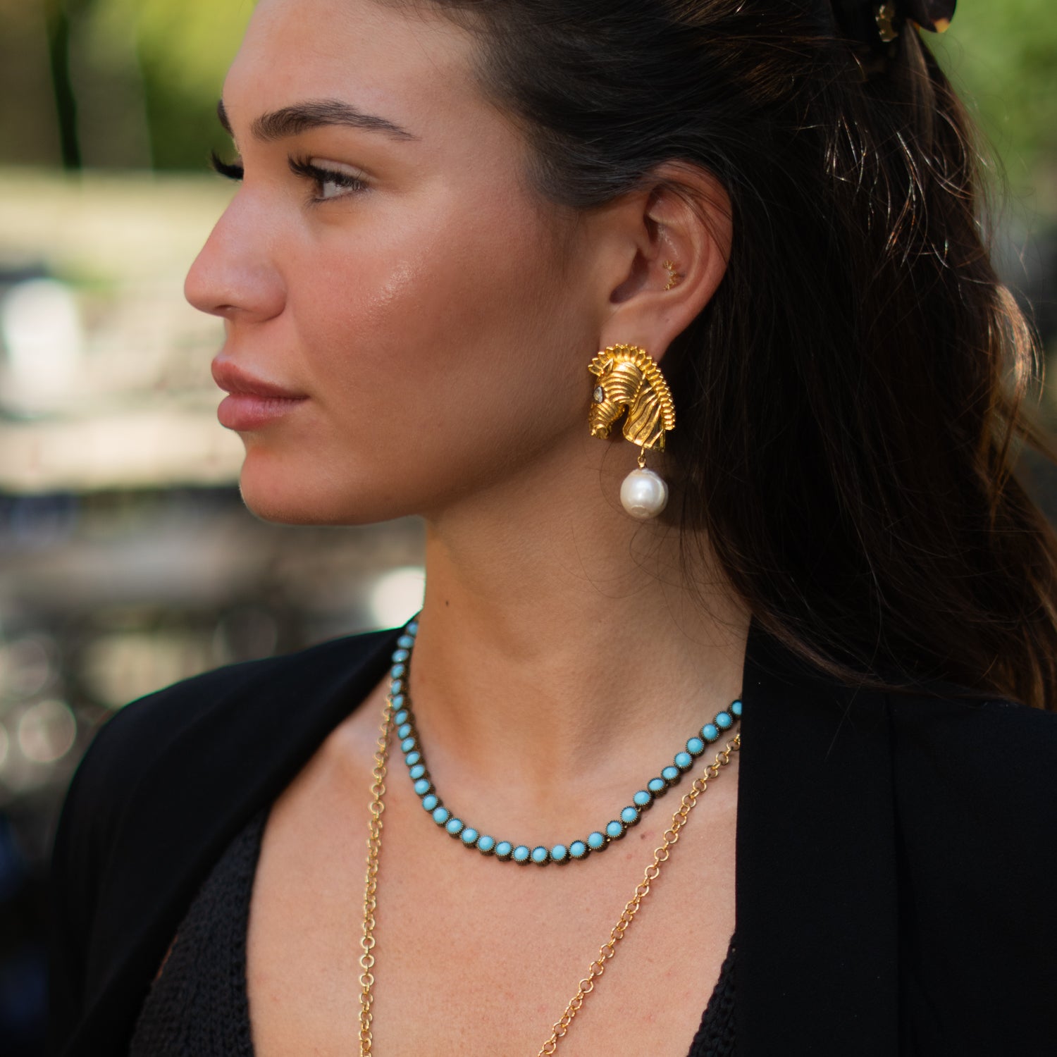 Majestic Horse &amp; Baroque Pearl Gold Statement Earrings