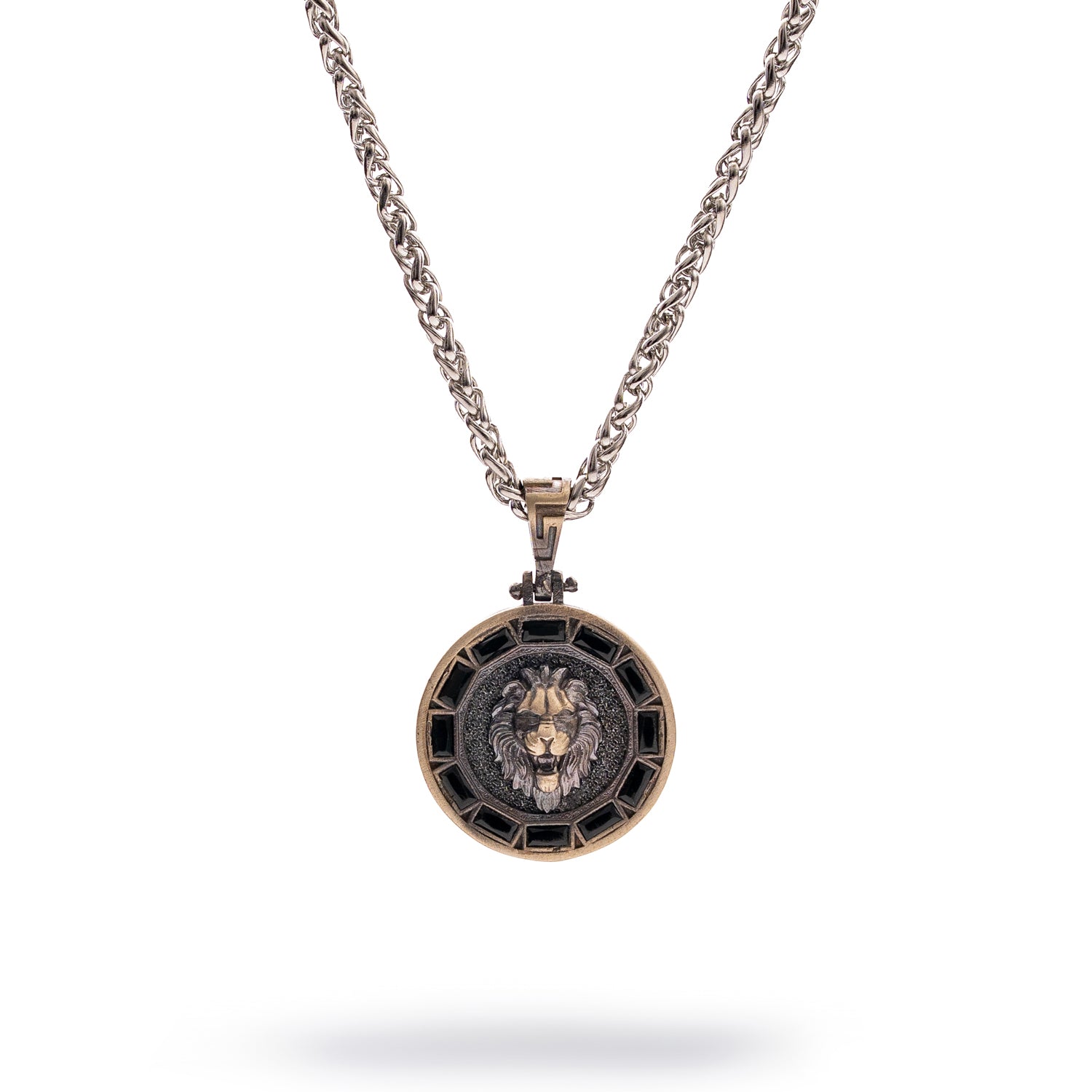Sterling silver necklace with lion medallion pendant, pavé black CZ diamond eyes, rhodium finish, geometric details, bold masculine style.