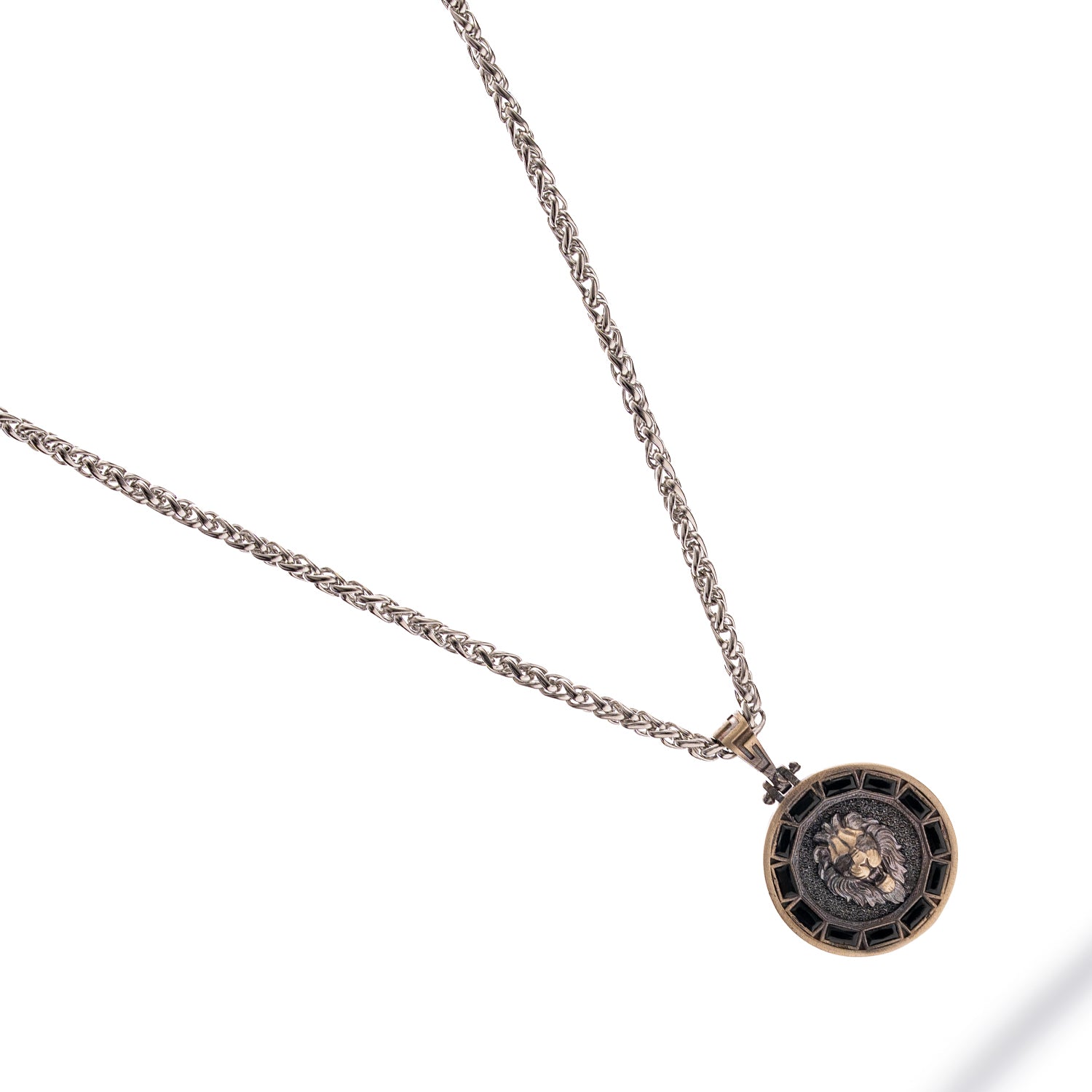 Sterling silver necklace with lion medallion pendant, pavé black CZ diamond eyes, rhodium finish, geometric features, masculine statement style.