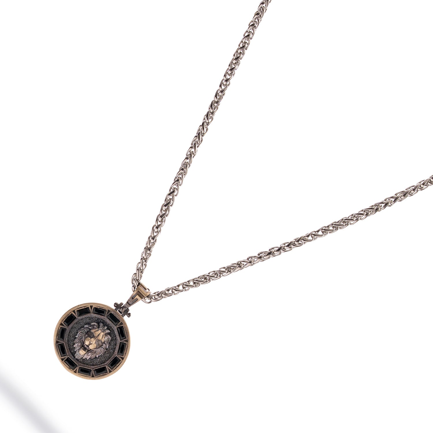 Sterling silver necklace with lion medallion pendant, pavé black CZ diamond eyes, rhodium finish, geometric features, masculine statement style.