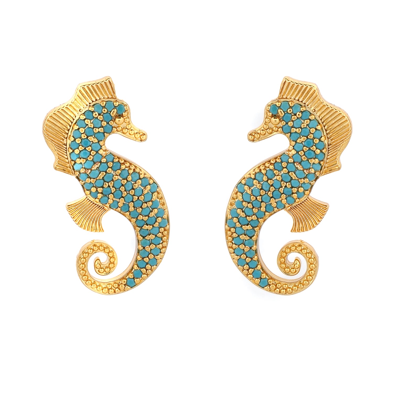 Majestic Seahorse statement stud earrings crafted in gold with turquoise accents, featuring intricate seahorse designs and bold style.