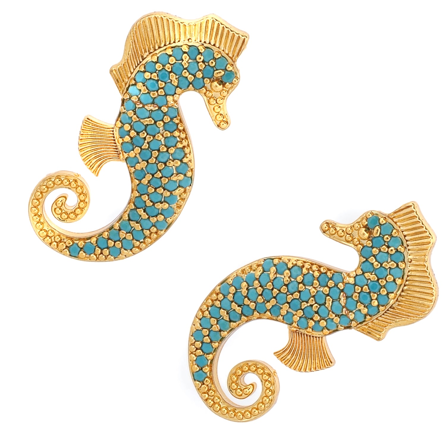 Gold statement stud earrings with turquoise accents in a majestic seahorse design, featuring intricate detailing and ocean-inspired style.