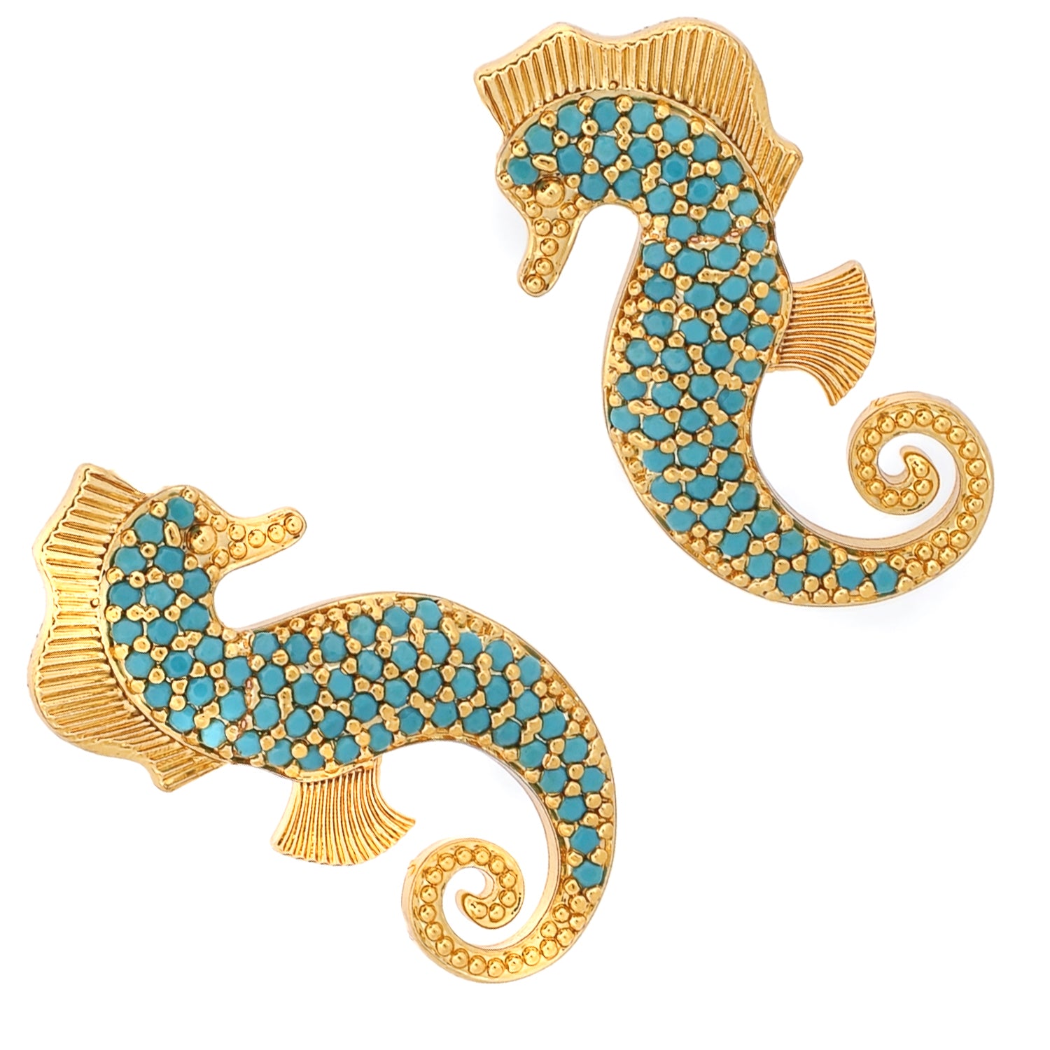 Majestic Seahorse stud earrings in gold with turquoise accents, featuring intricate seahorse details and bold, ocean-inspired design.