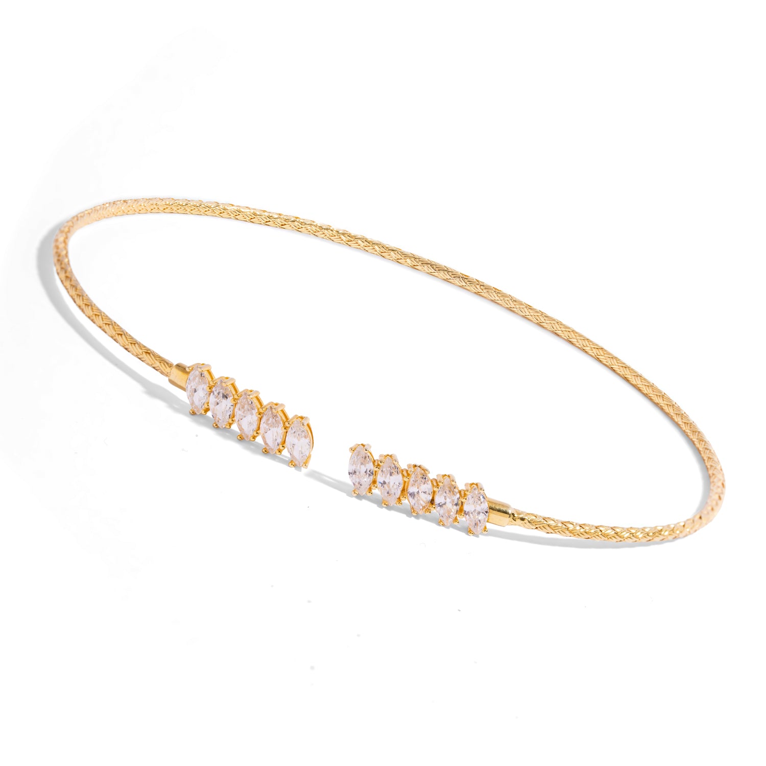 Hand woven gold vermeil choker necklace with graduated marquise cubic zirconia at the open front