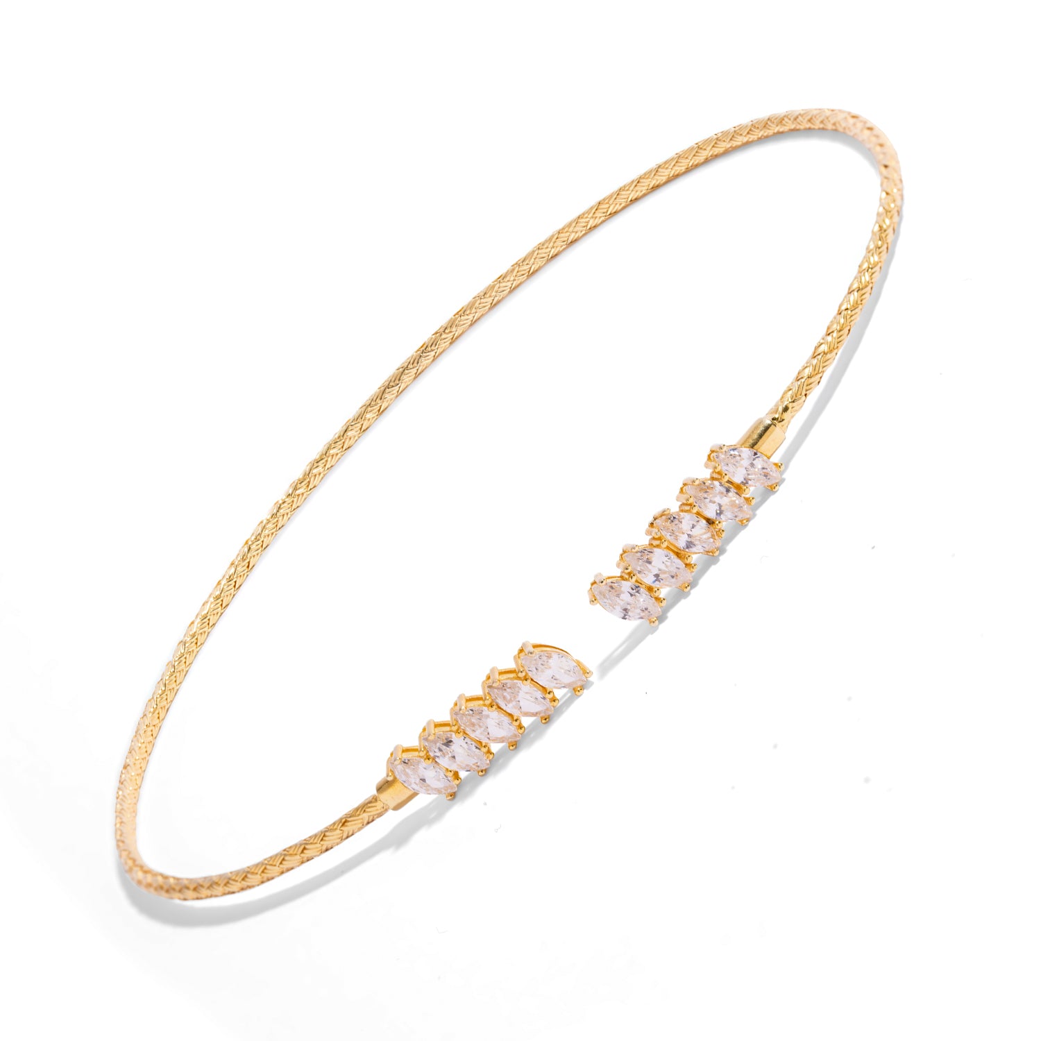 Open front gold vermeil collar necklace shown at an angle on a white background