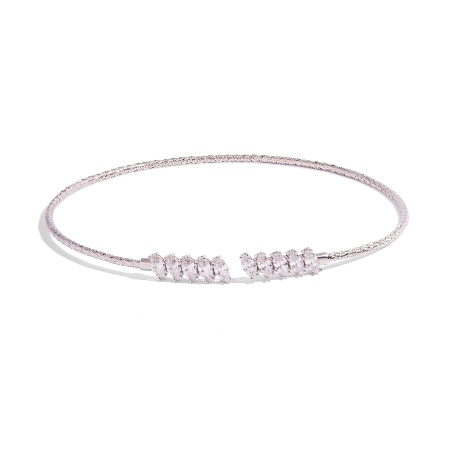 Marquise woven sterling silver choker necklace with no clasp, shown on a white background