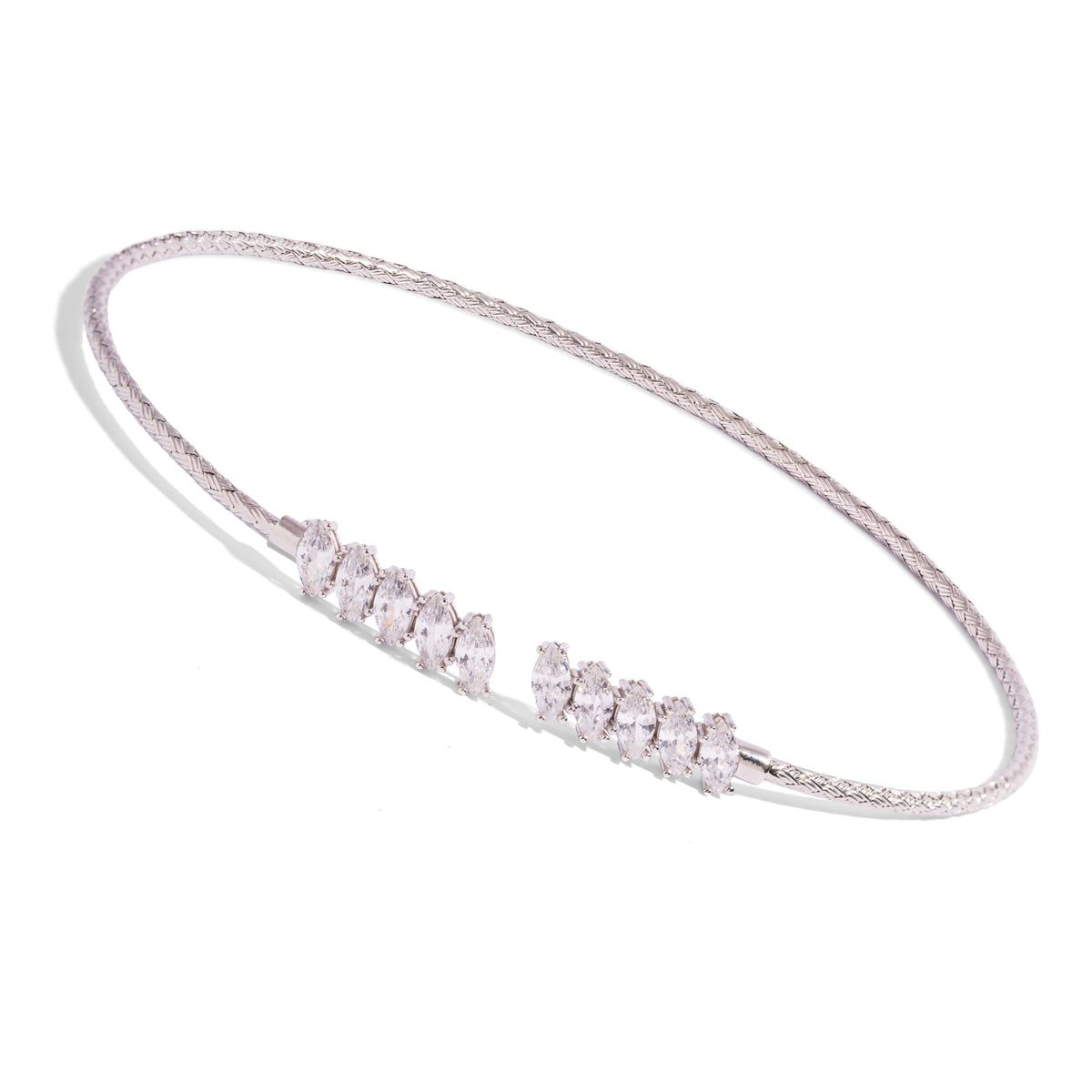 Hand woven sterling silver choker necklace with graduated marquise cubic zirconia at the open front