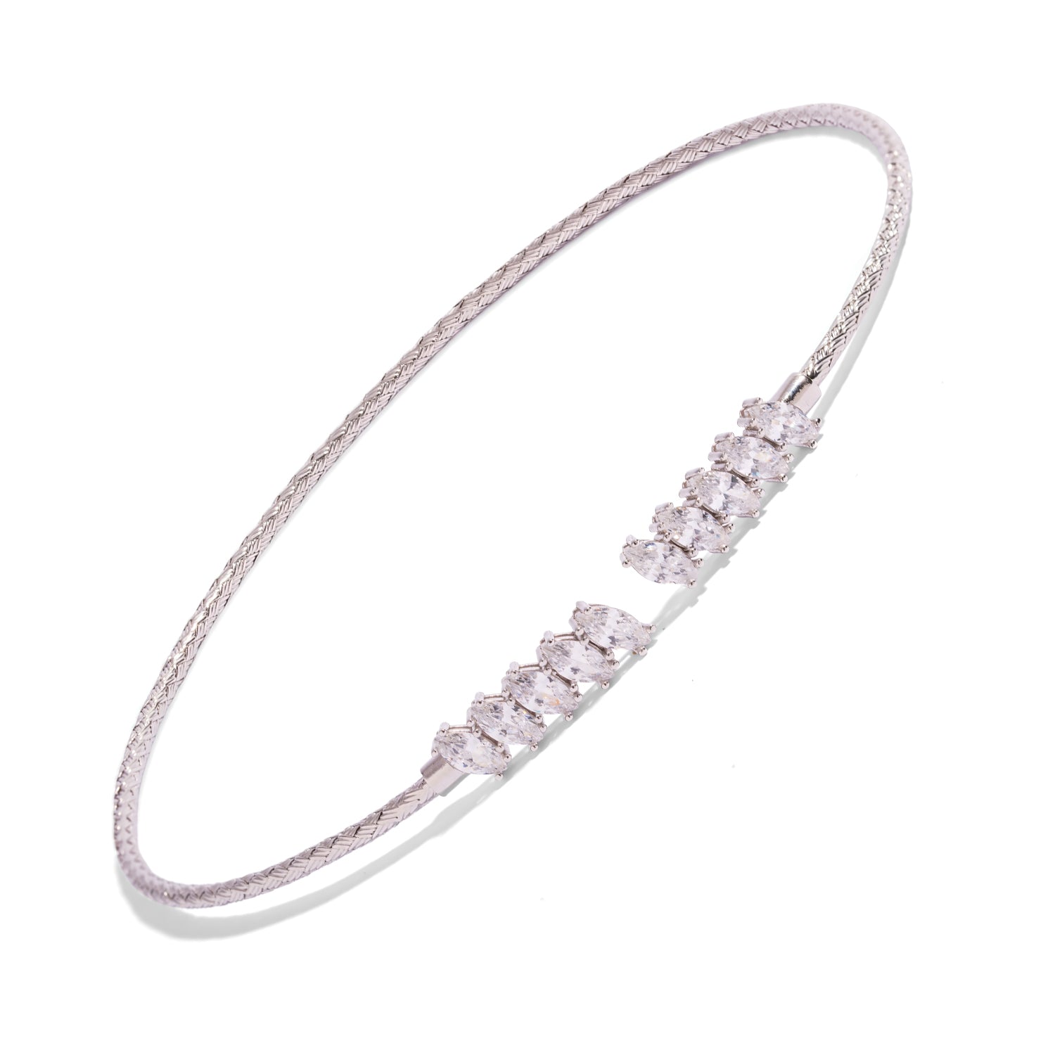 Open front sterling silver collar necklace shown at an angle on a white background