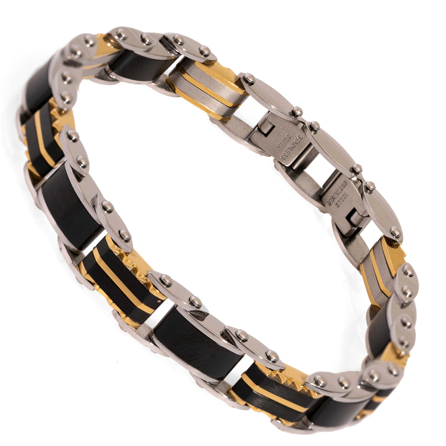 Elegant Men's Fashion Icon Bracelet crafted with silver stainless steel and contrasting black and gold accents.
