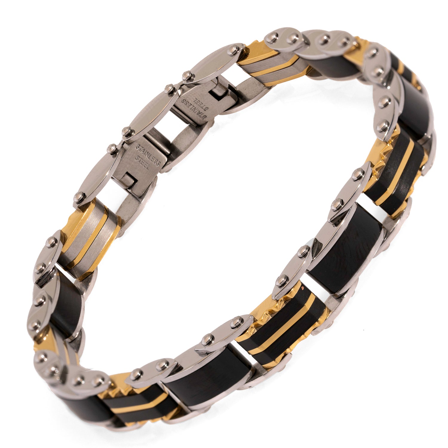 Durable stainless steel men's bracelet with silver, black, and gold accents for a sleek and stylish design.
