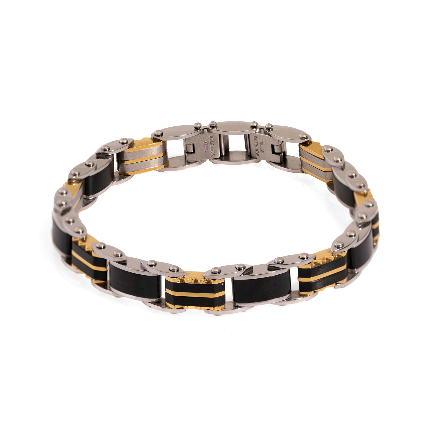 Men's stainless steel bracelet with a silver base and alternating black and gold-tone links for a bold look.
