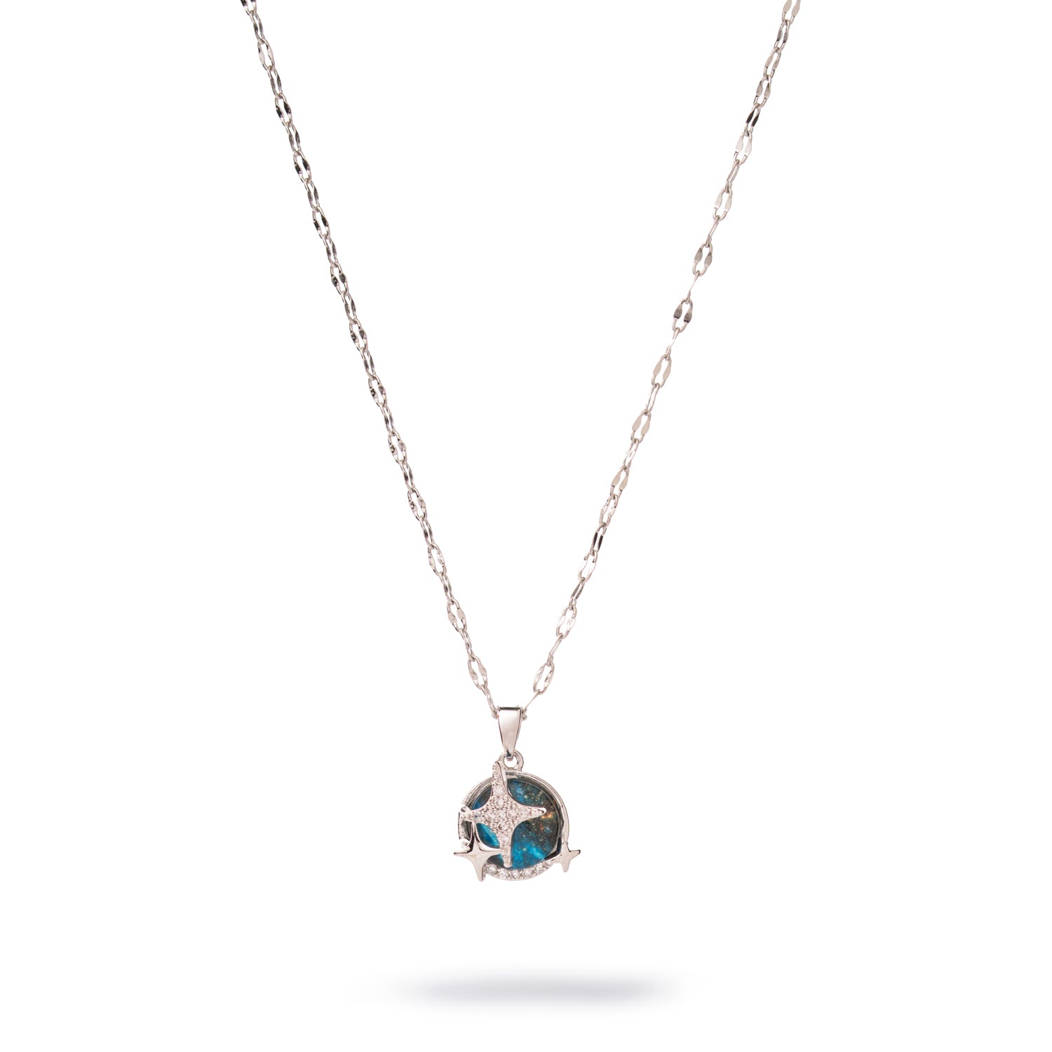 Silver pendant necklace with round blue opal center and small CZ diamond accents on a slim silver chain.

