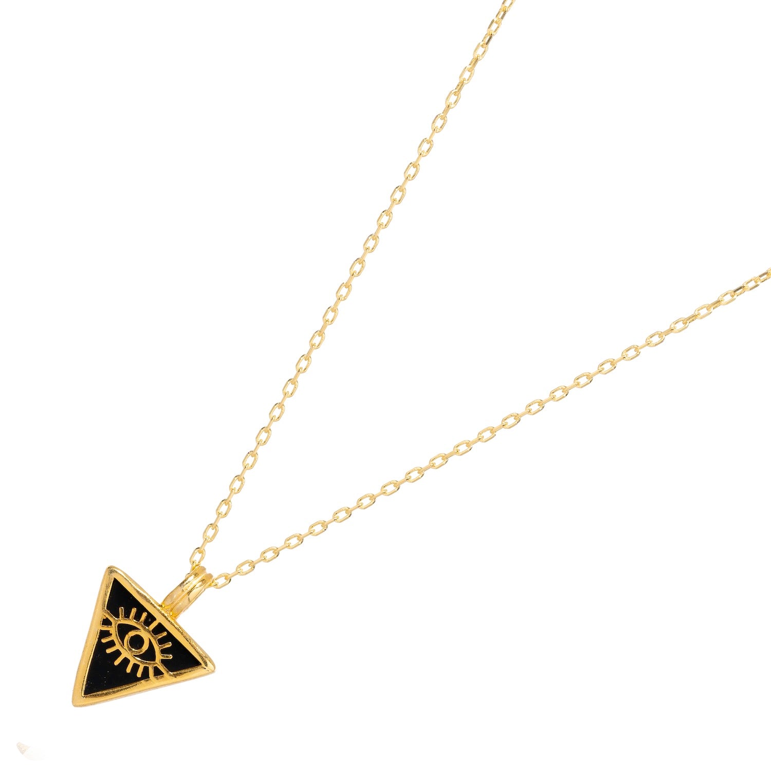 Chic necklace with a gold-plated sterling silver chain and black onyx triangle pendant, embellished with a gold evil eye talisman.
