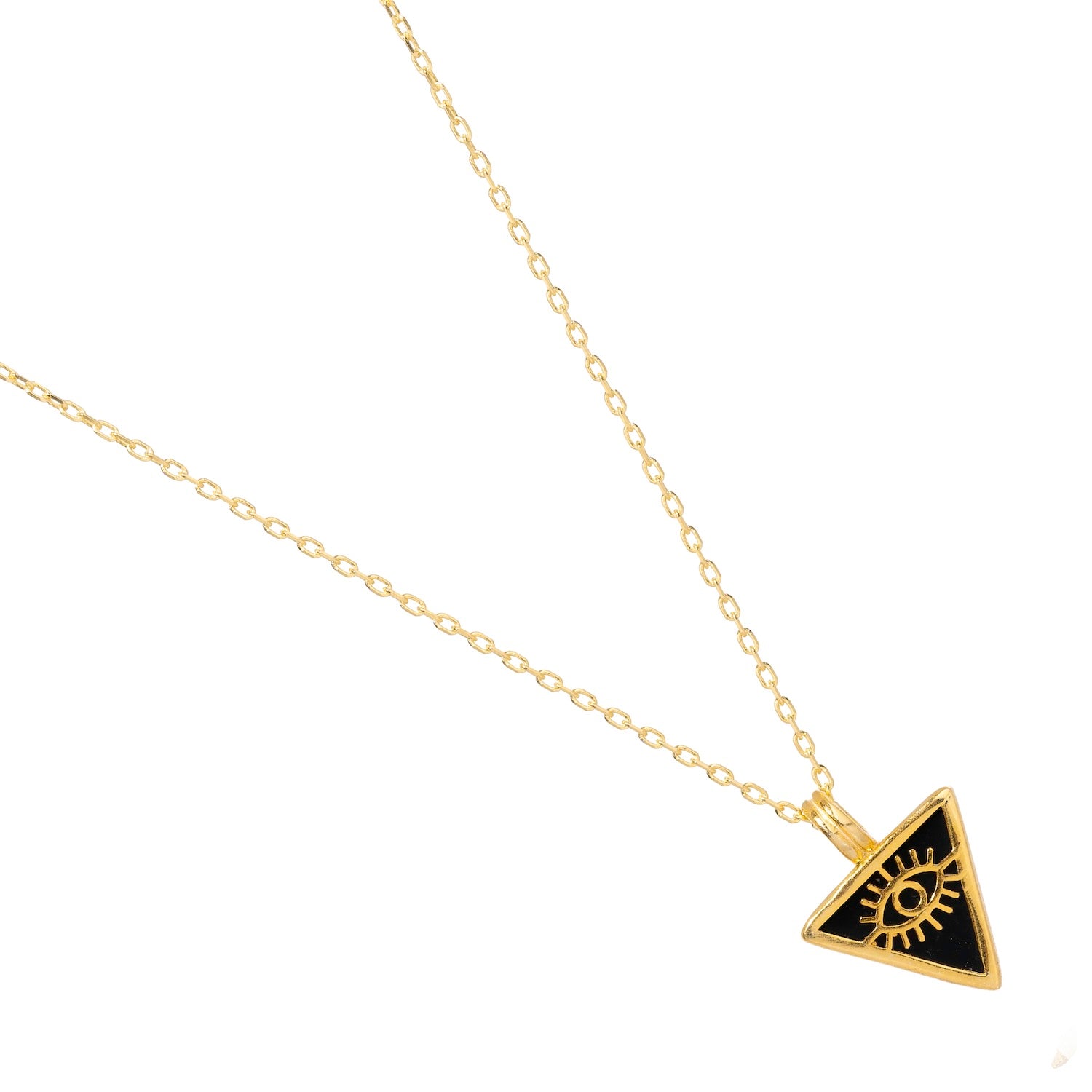 Black onyx triangle pendant necklace with gold evil eye talisman, set on an 18k gold-plated sterling silver chain, 18&quot; with 2&#39;&#39; extender.
