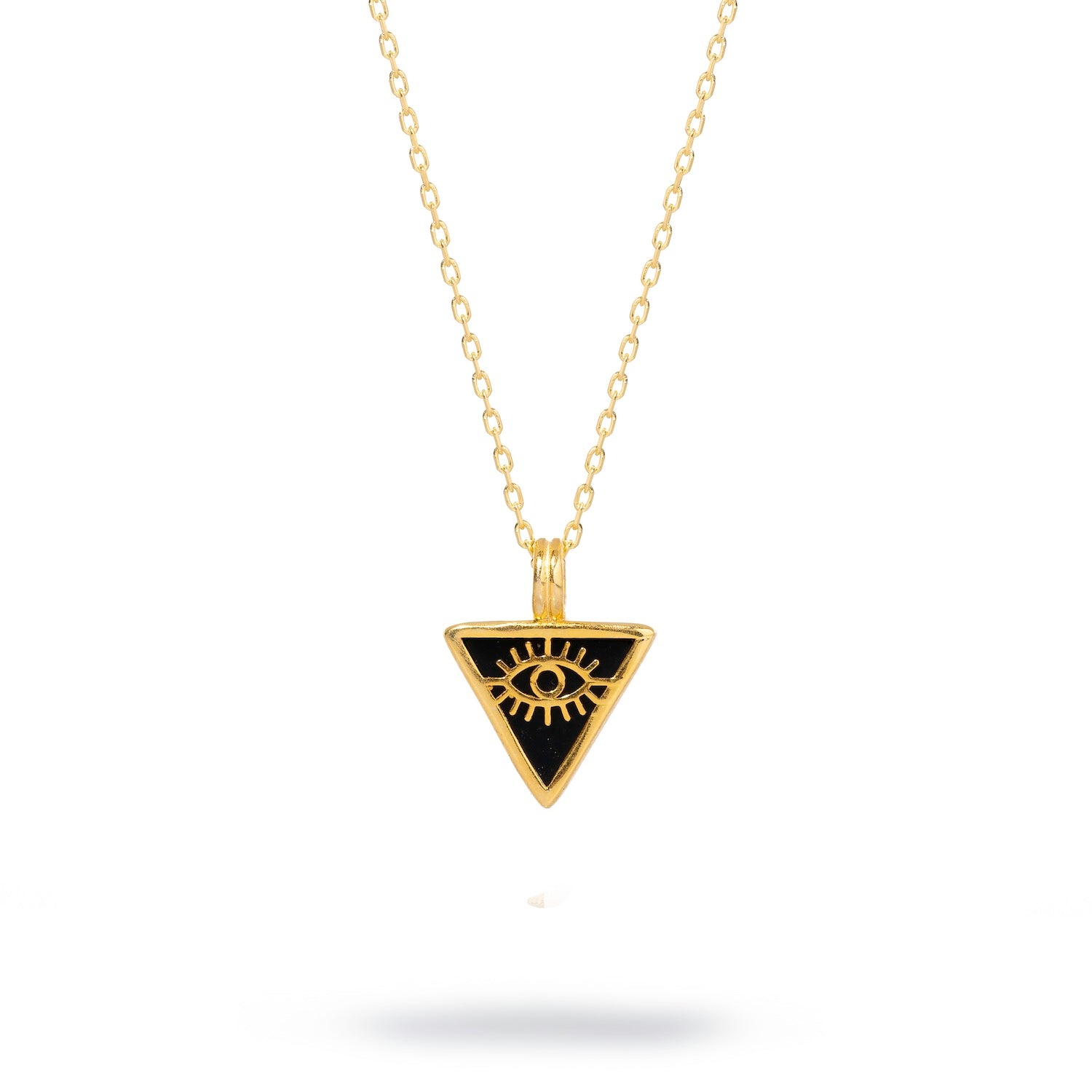 Minimalist necklace with a black onyx triangle pendant, adorned with a gold evil eye talisman, set in 18k gold-plated sterling silver.
