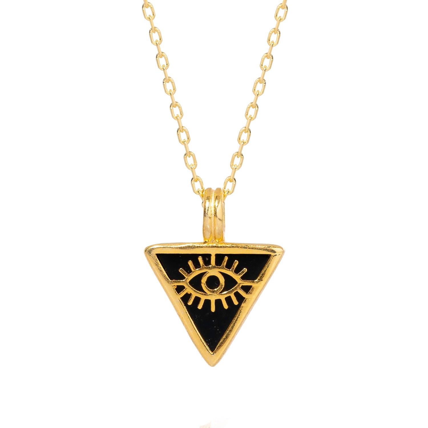 Stylish necklace with a black onyx triangle pendant and gold evil eye talisman, crafted in 18k gold-plated sterling silver.
