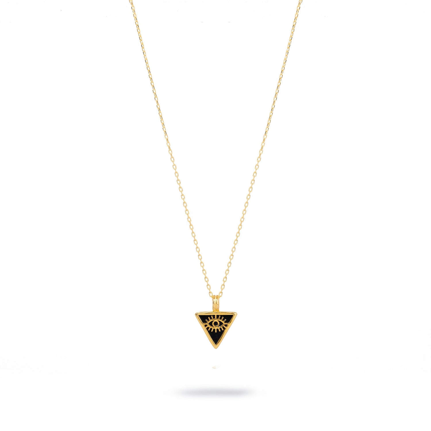 Refined necklace featuring a black onyx triangle pendant and a gold evil eye talisman, set in 18k gold-plated sterling silver.
