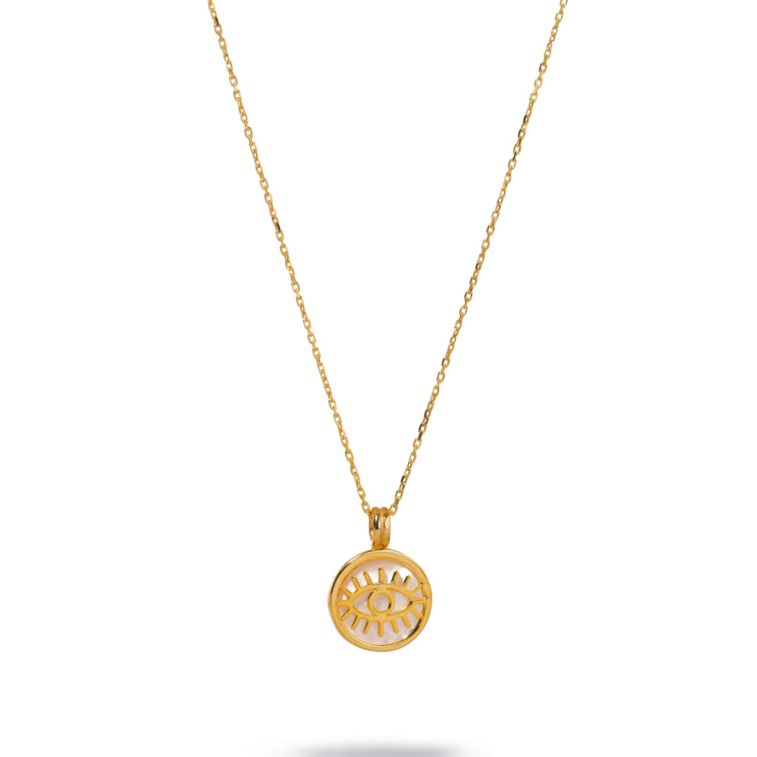 Minimalist Pearl &amp; Gold Round Evil Eye Pendant Talisman Necklace