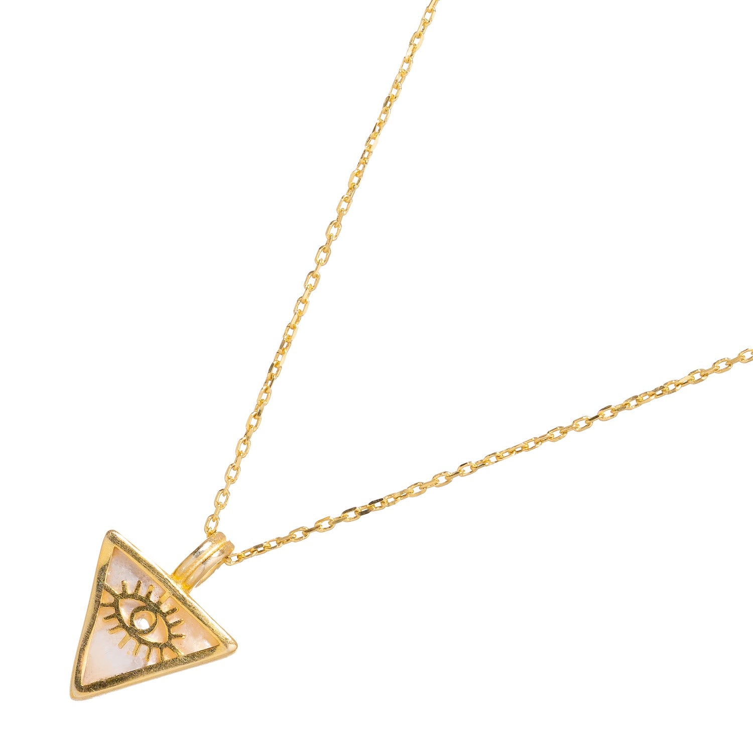 Refined necklace with a pearl triangle and gold evil eye talisman pendant, set on an 18k gold-plated sterling silver chain.
