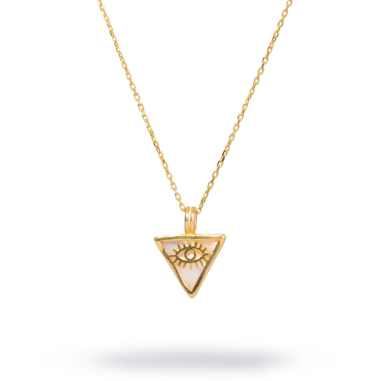 Elegant necklace featuring a triangle pendant with a pearl center and gold evil eye talisman, crafted in 18k gold-plated sterling silver.