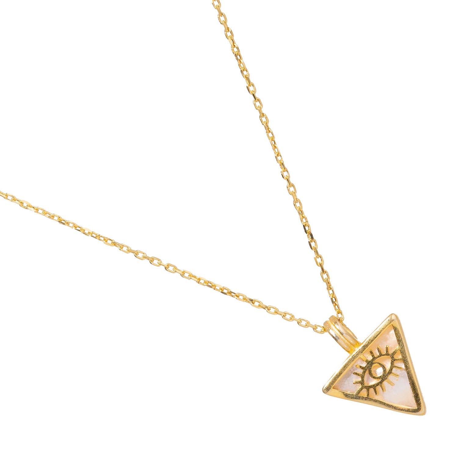 Trendy necklace featuring a pearl triangle pendant with a gold evil eye talisman, in 18k gold-plated sterling silver, 18&quot; length with 2&#39;&#39; extender.
