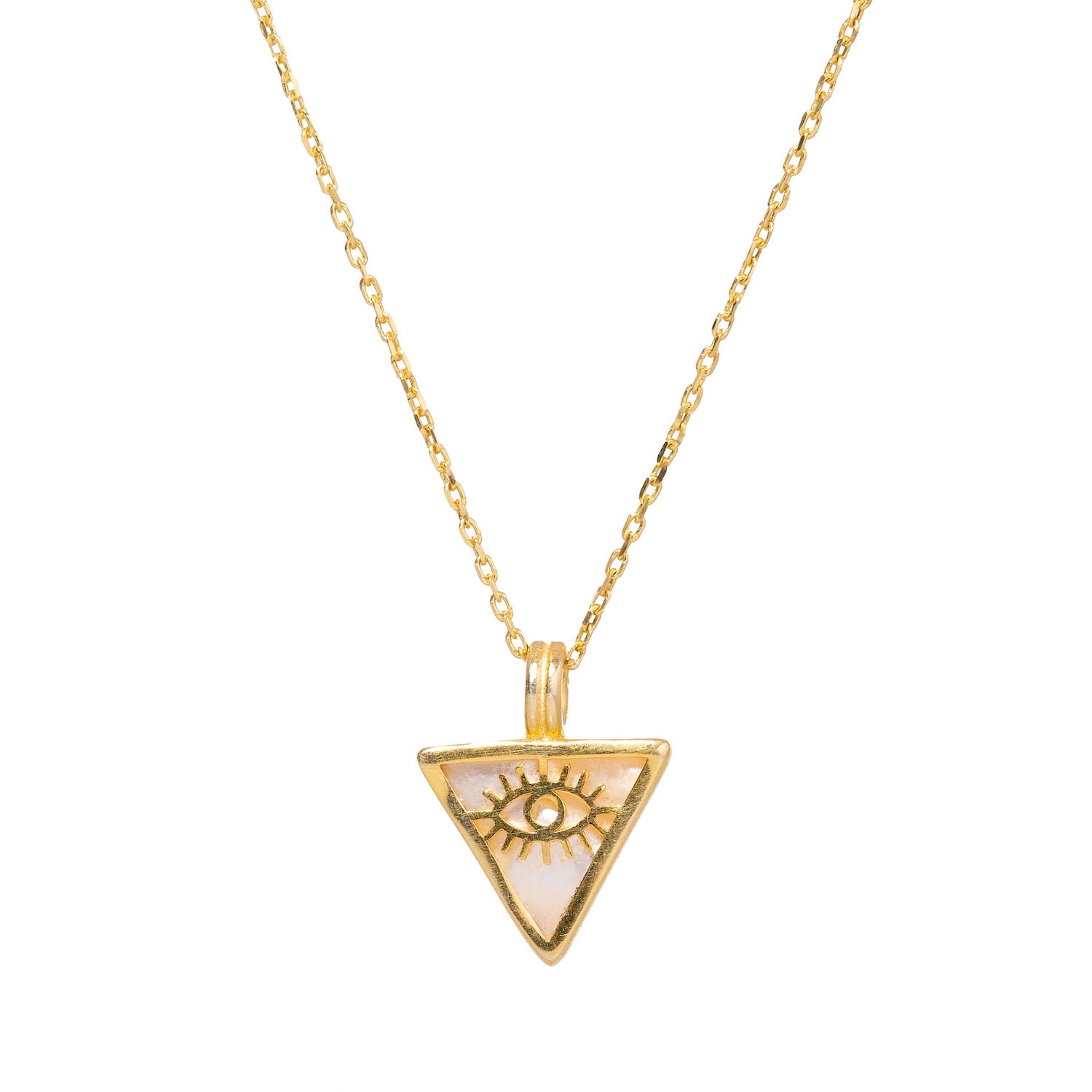 Chic necklace featuring a pearl triangle pendant with a gold evil eye talisman, on an 18k gold-plated sterling silver chain.
