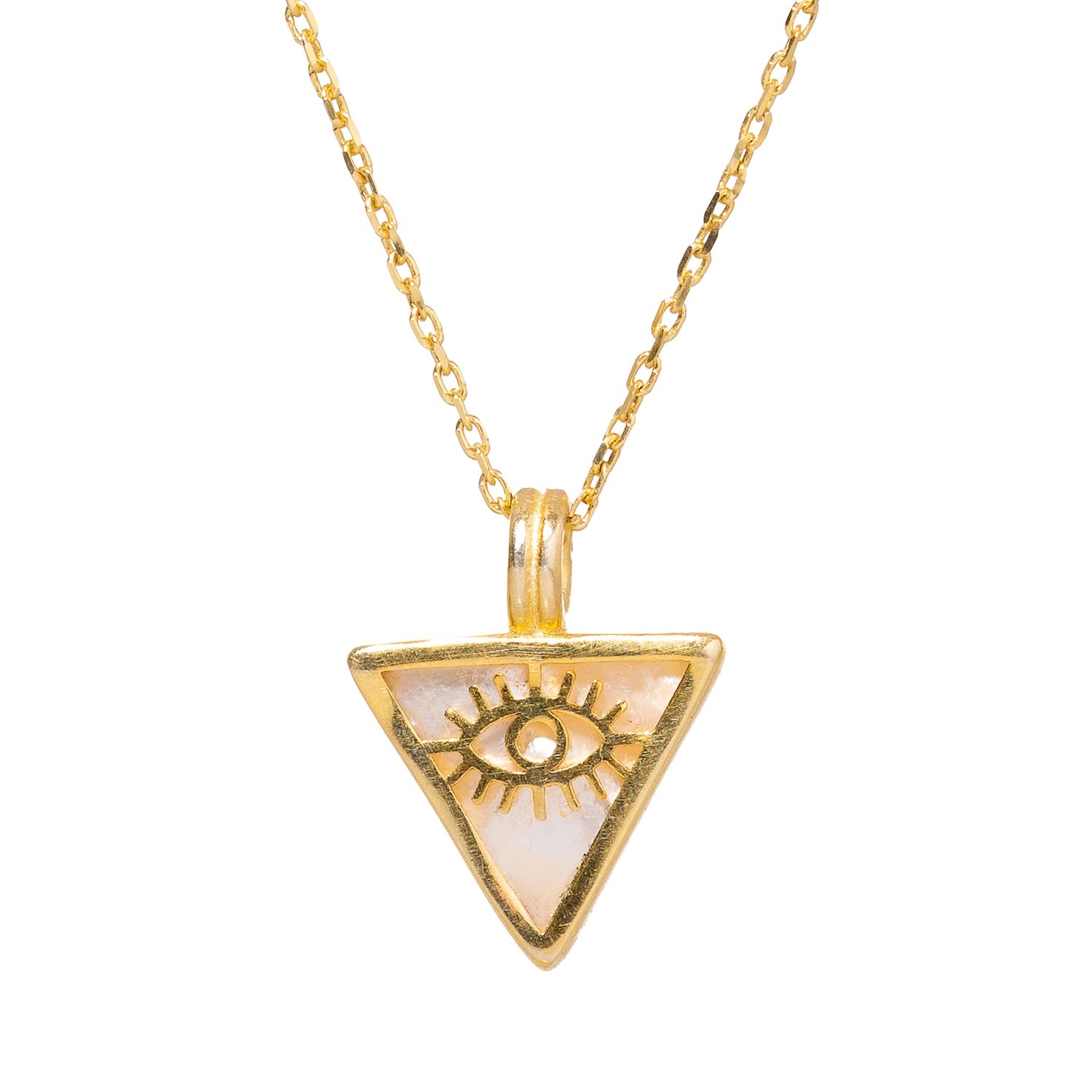 Stylish necklace with a pearl triangle pendant and gold evil eye talisman, crafted in 18k gold-plated sterling silver.
