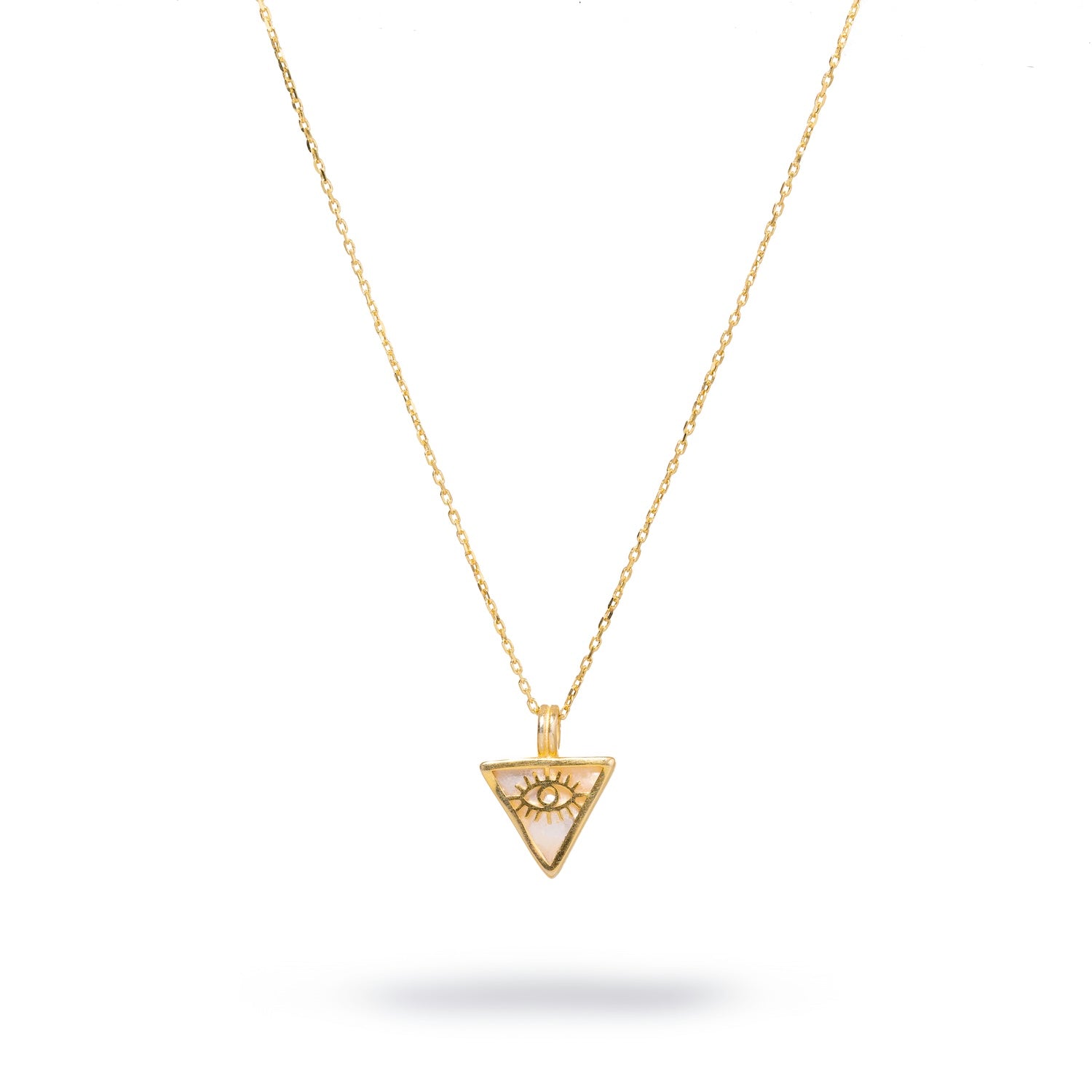 Chic and meaningful necklace with a pearl triangle pendant and gold evil eye talisman, crafted in 18k gold-plated sterling silver for everyday elegance.