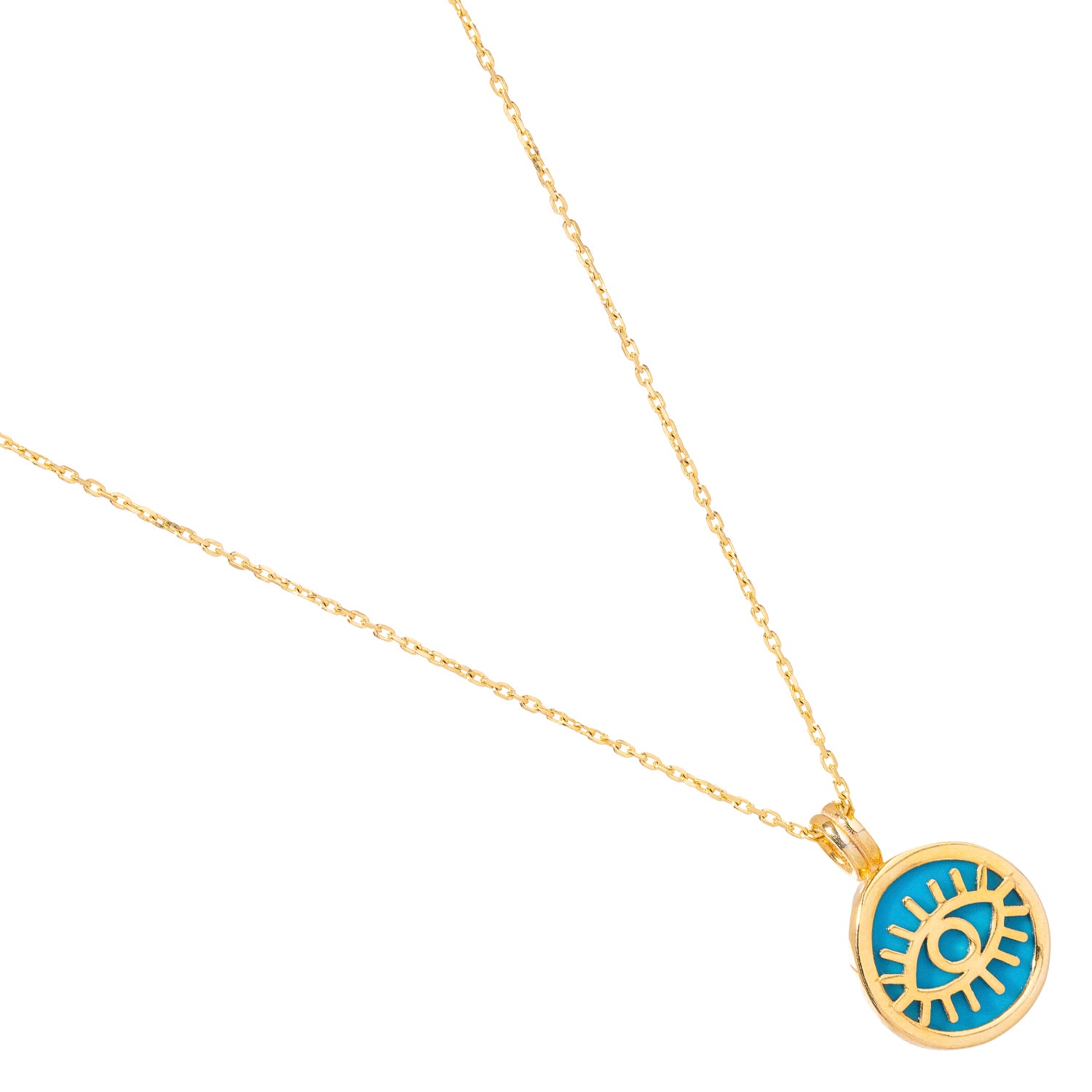 Minimalist Turquoise &amp; Gold Round Evil Eye Pendant Talisman Necklace.