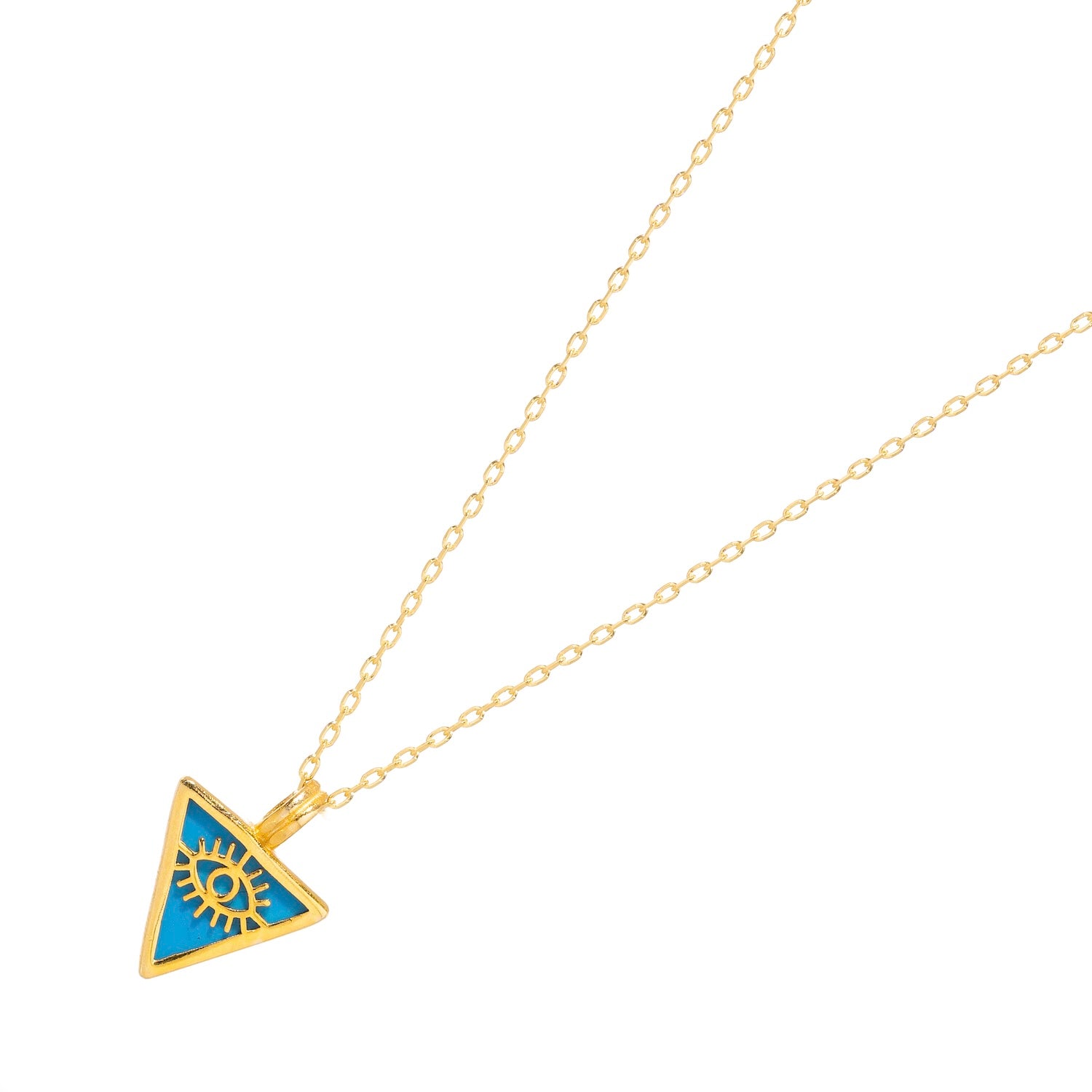 Chic necklace with a turquoise triangle pendant and gold evil eye talisman, set on an 18k gold-plated sterling silver chain.
