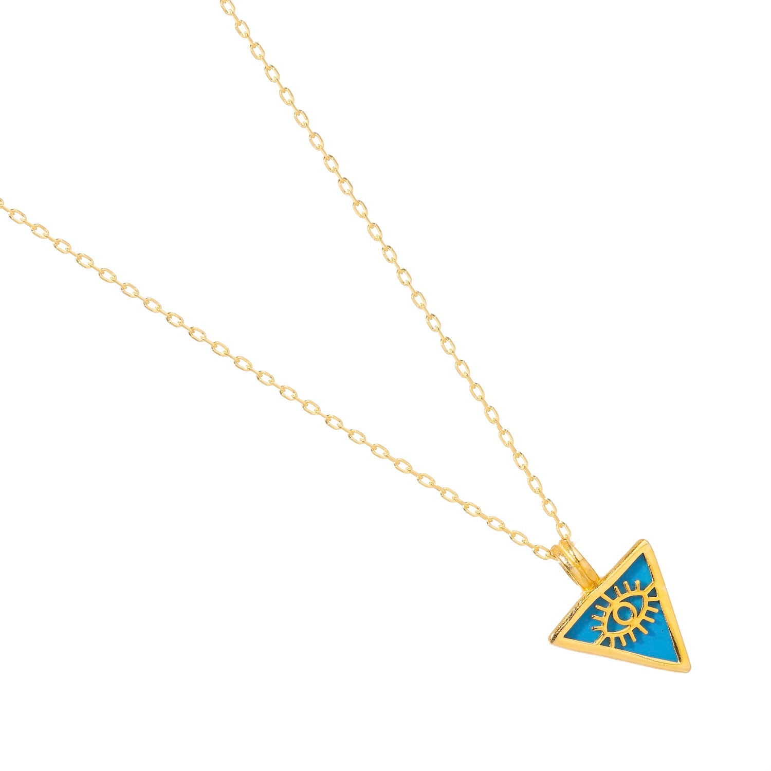 Sophisticated minimalist necklace with a turquoise triangle and gold evil eye talisman, set in 18k gold-plated sterling silver.
