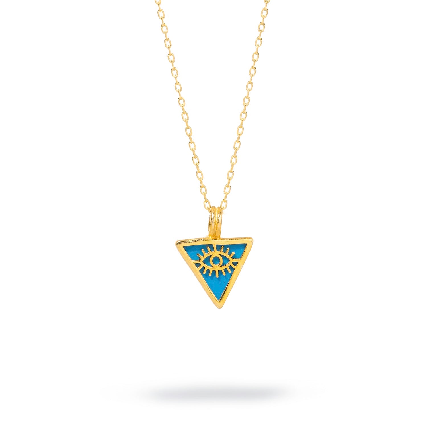 Elegant necklace with a turquoise triangle pendant and a gold evil eye talisman, set in 18k gold-plated sterling silver.
