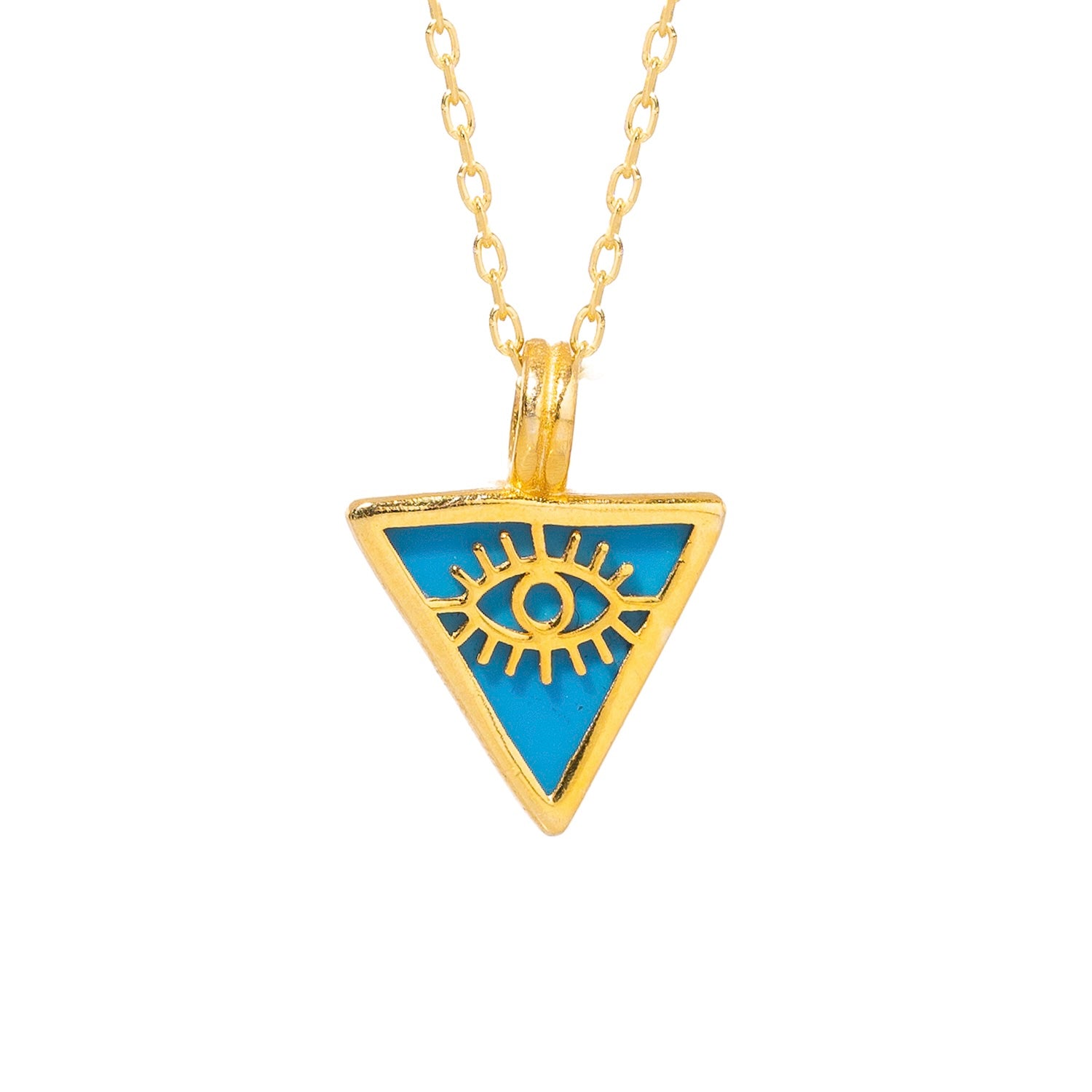 Refined 18k gold-plated necklace with a turquoise triangle pendant and gold evil eye talisman, featuring an 18" chain with 2'' extender.
