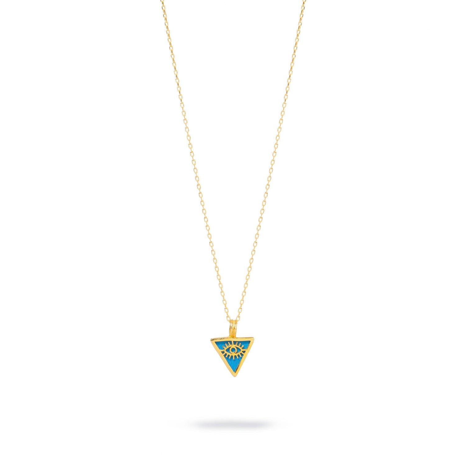 Minimalist design with a turquoise triangle and gold evil eye talisman pendant, set on a luxurious 18k gold-plated sterling silver chain.
