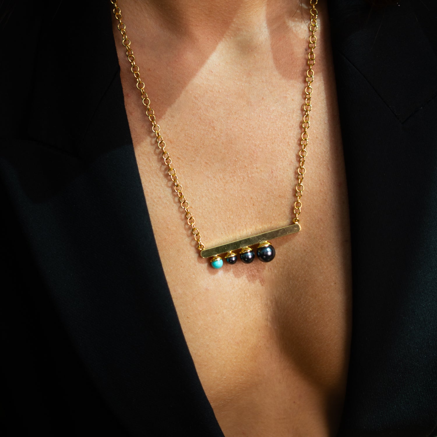 Modern Harmony Black Pearl &amp; Turquoise Gold Necklace